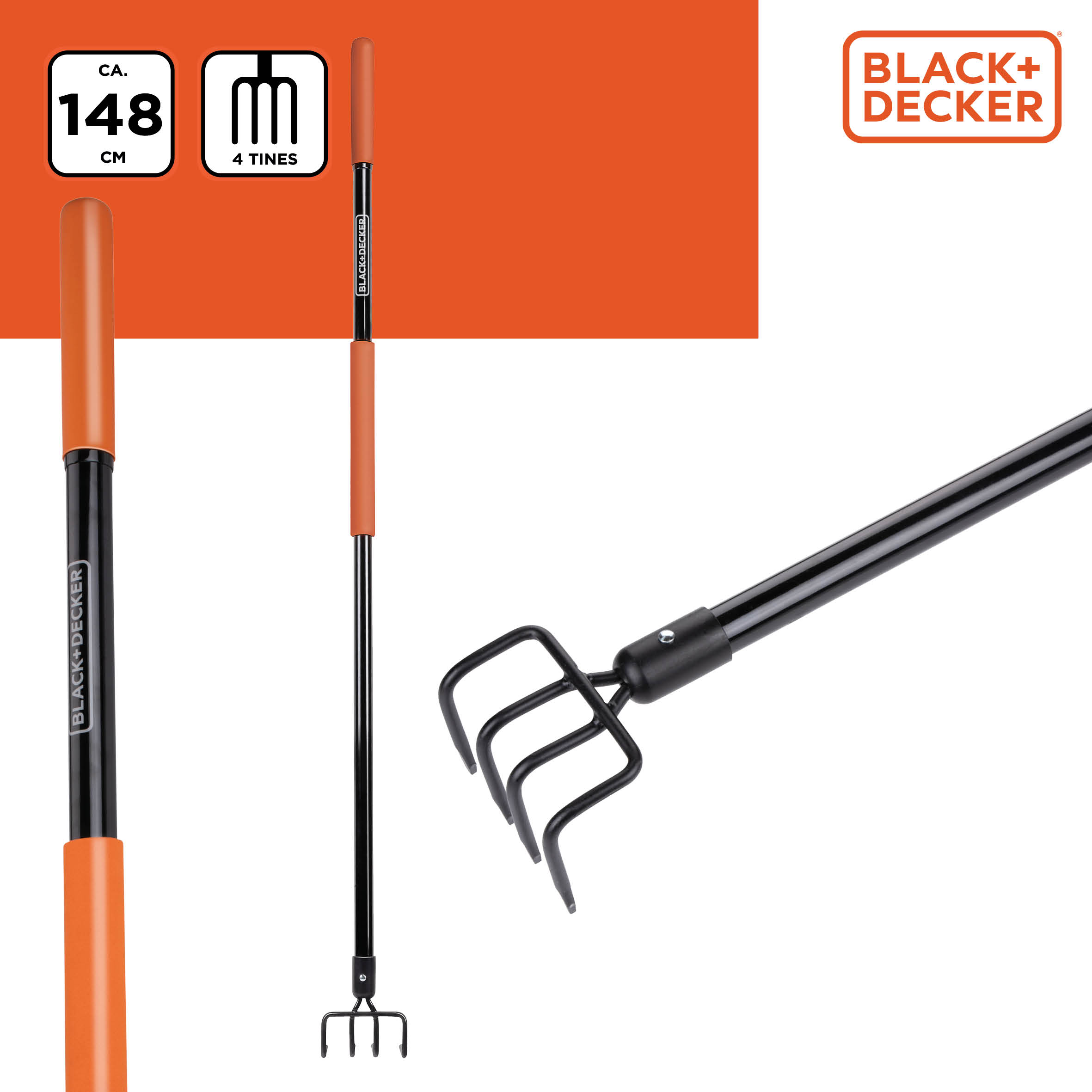 Black and orange garden tool with 4 tines. Black handle with orange grip. Black+Decker logo.