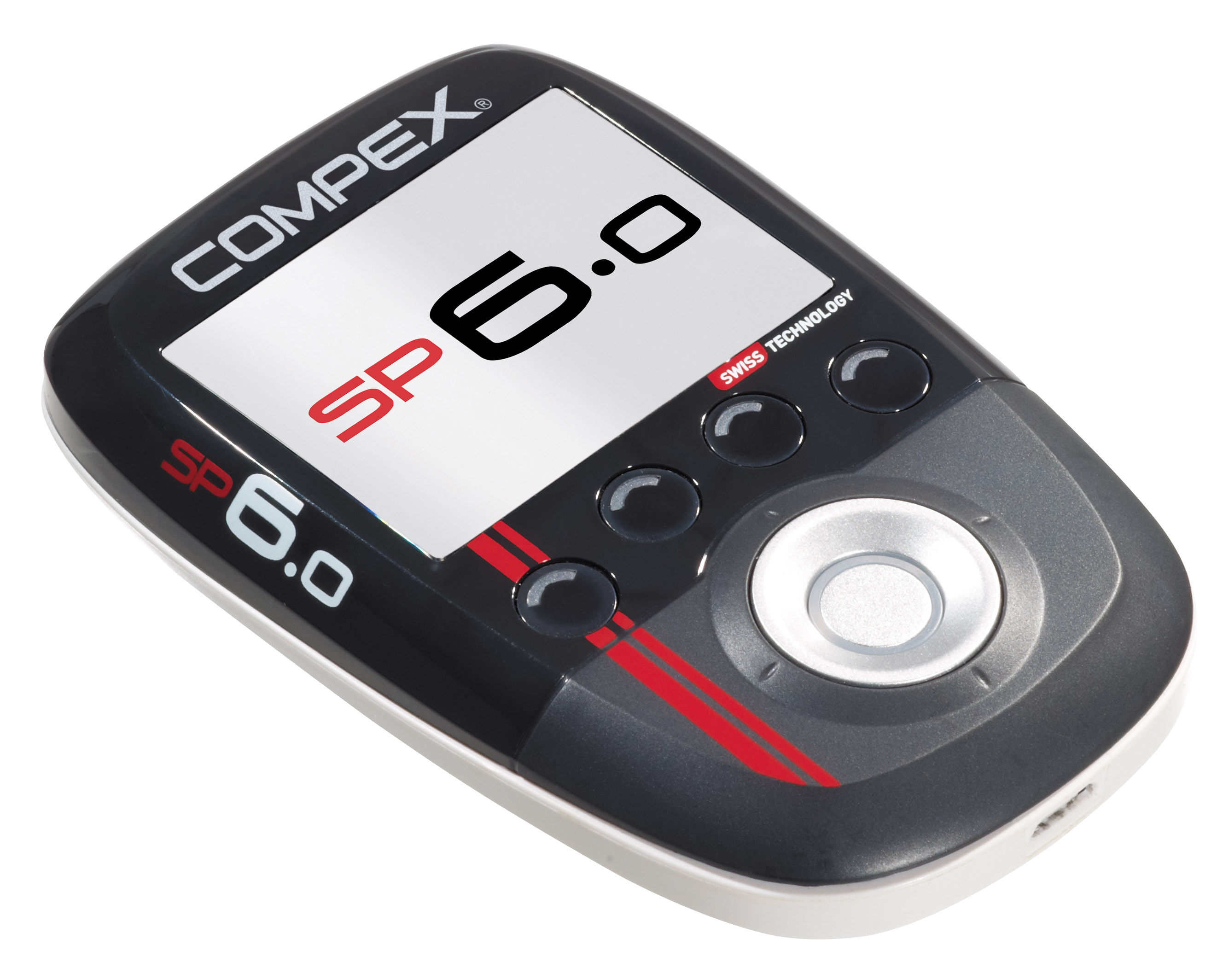 Compex SP 6.0 Gerät. Schwarz und grau mit weißem Display. Roter Akzentstreifen und Knöpfe.