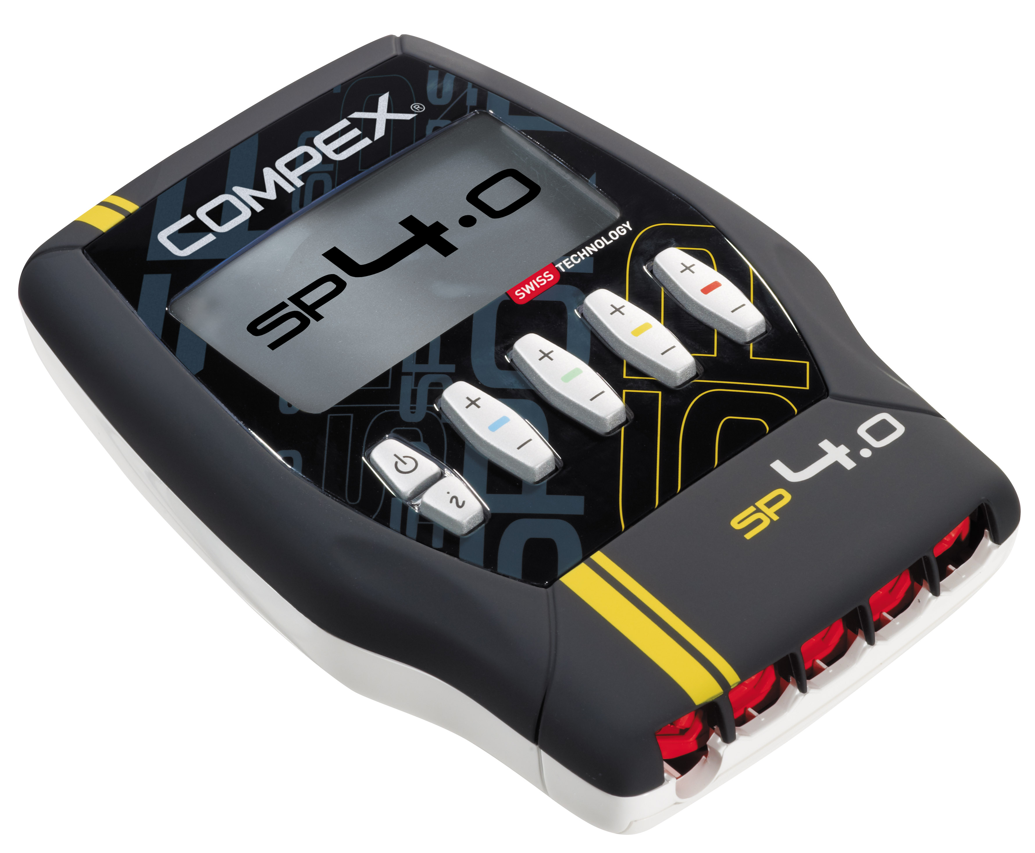 Appareil Compex SP4.0 noir et gris avec boutons et écran, sur fond blanc.