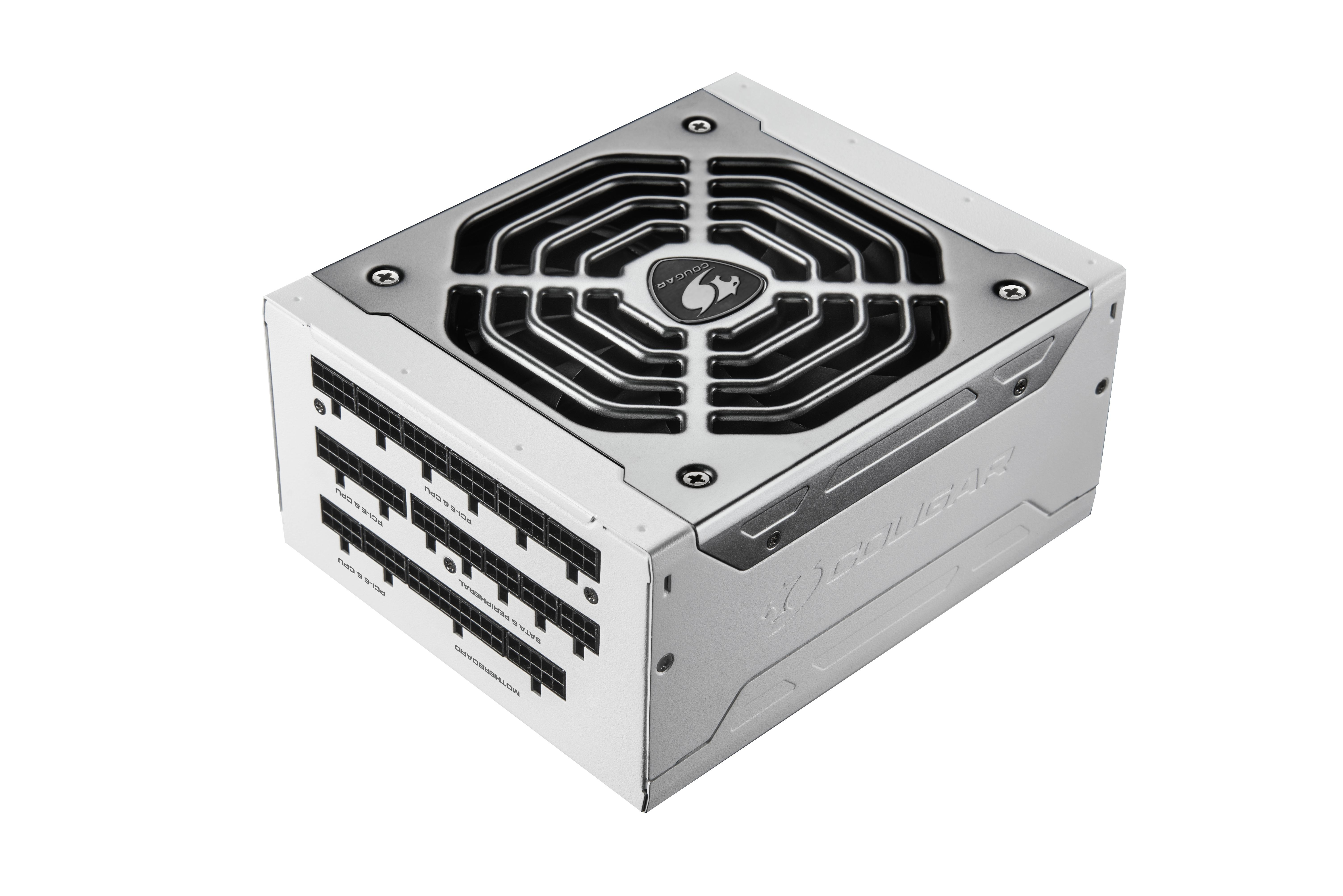 Biały zasilacz z wentylatorem i portami z boku. Widoczne logo 'Cougar'.