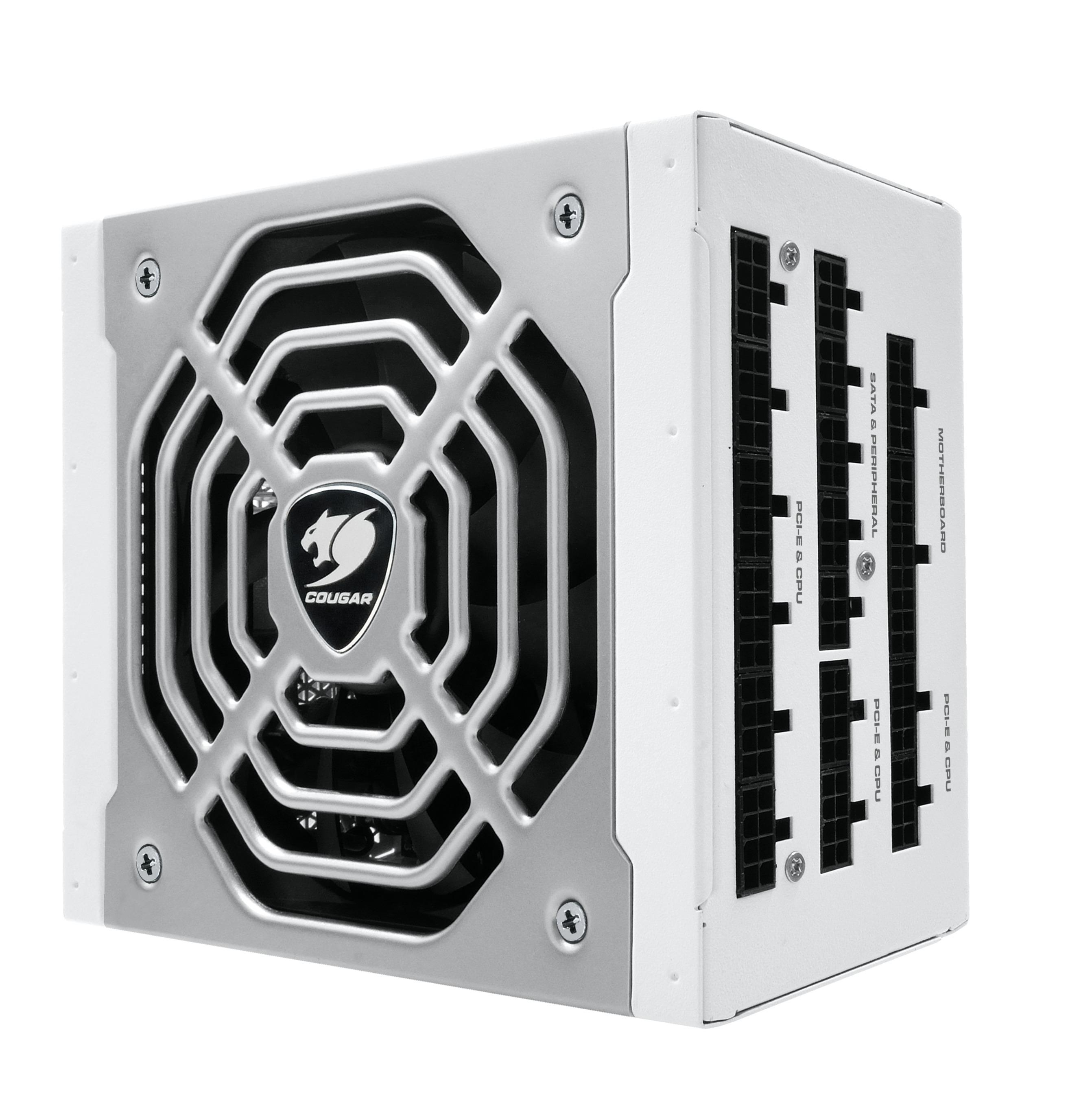 Un alimentatore argento e bianco con ventola e connettori, isolato su bianco.
