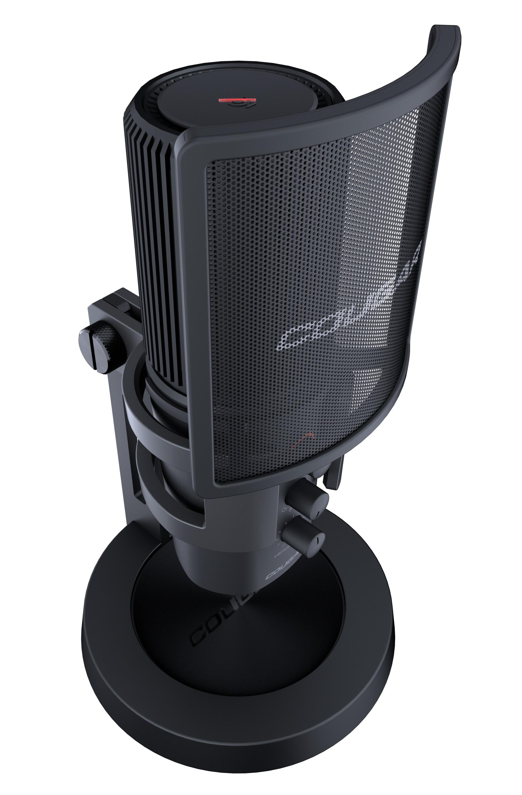 Ein schwarzes Mikrofon auf einem Ständer mit Pop-Filter davor, auf weißem Hintergrund.