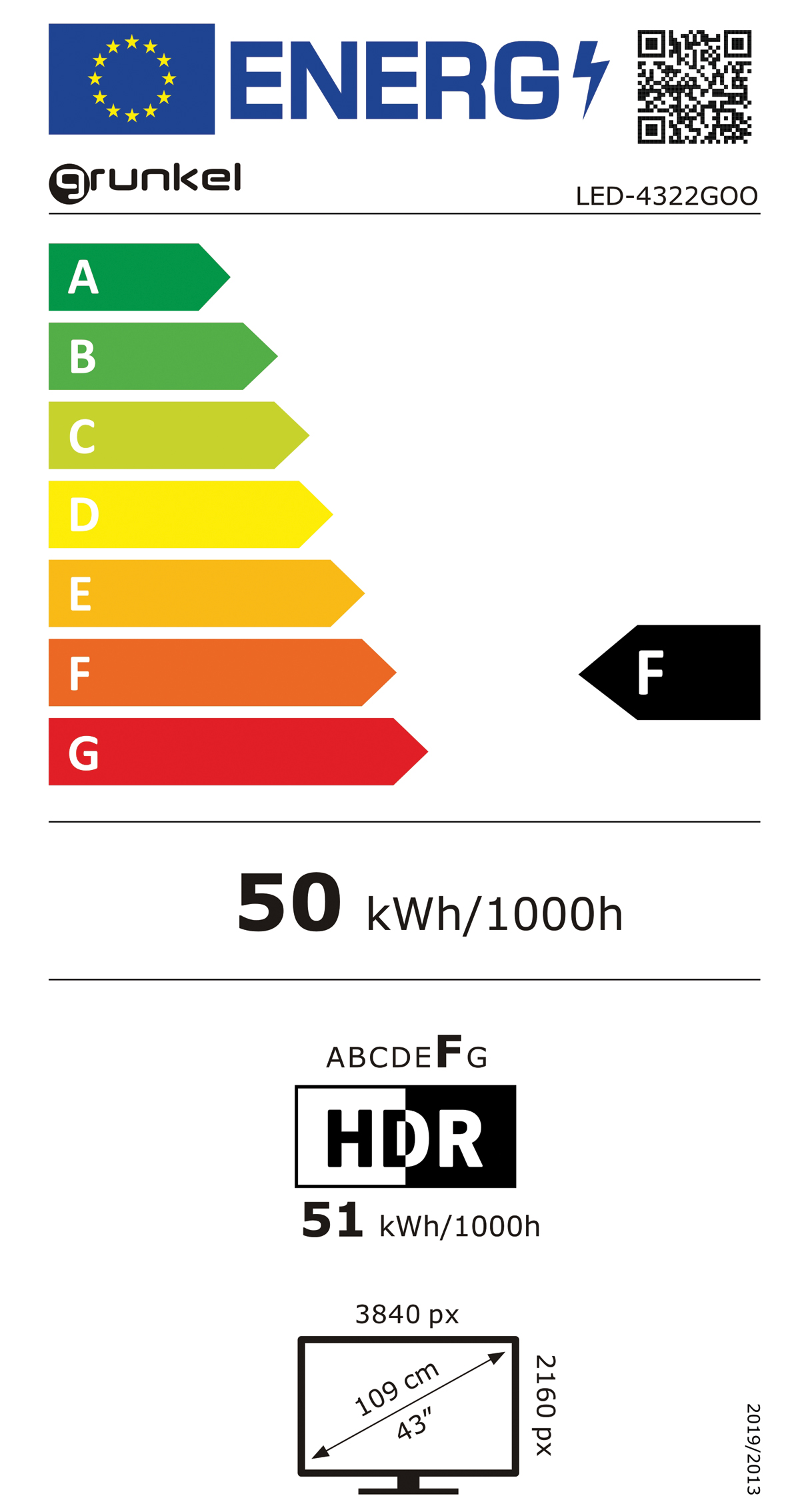 Etiqueta de eficiencia energética para un televisor, que muestra la clase energética F y otros detalles.