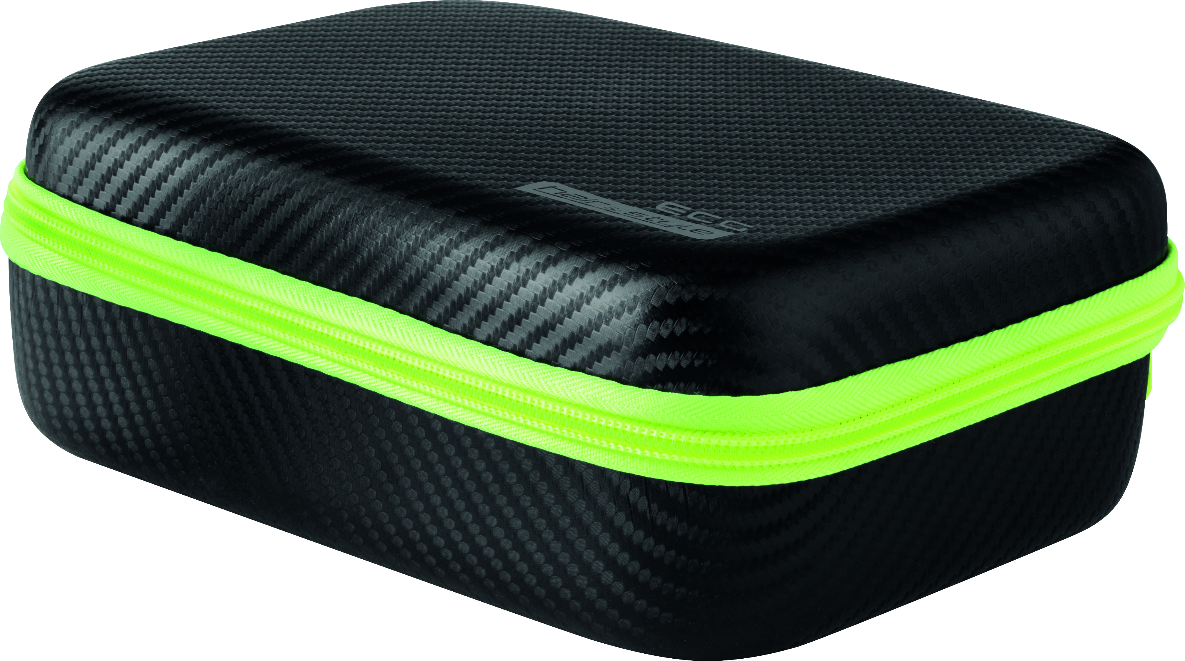 Una custodia nera con cerniera verde neon. La custodia ha un aspetto in fibra di carbonio.