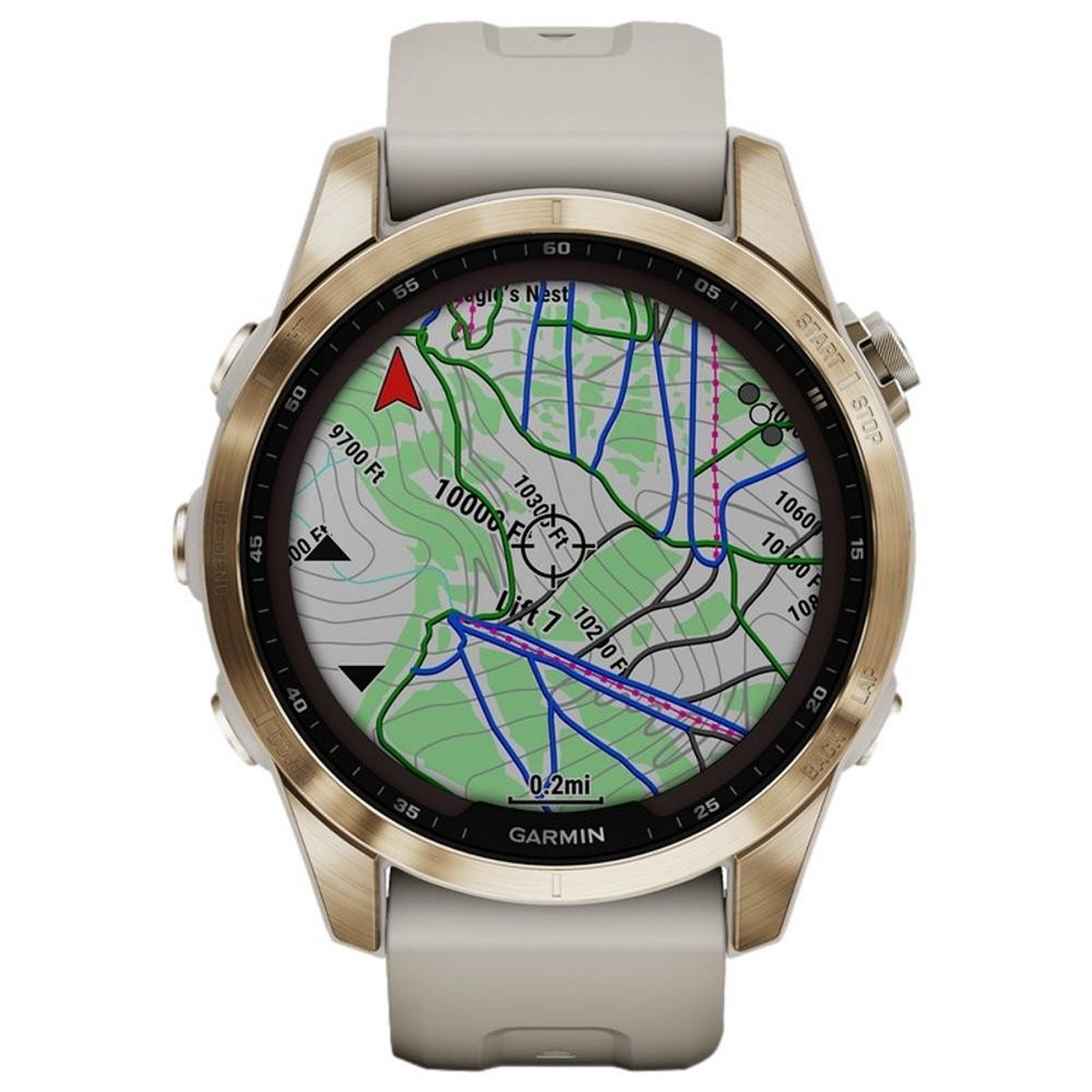 Goldene Smartwatch mit Kartenanzeige. Goldlünette mit Knöpfen, schwarzer Bildschirm.