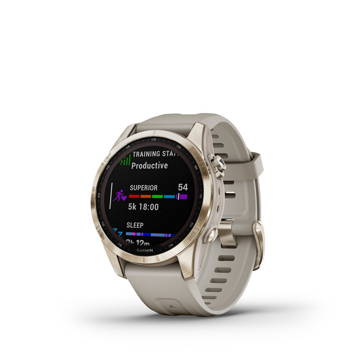 Smartwatch mit hellem Armband, zeigt Gesundheitsdaten, vor weißem Hintergrund.