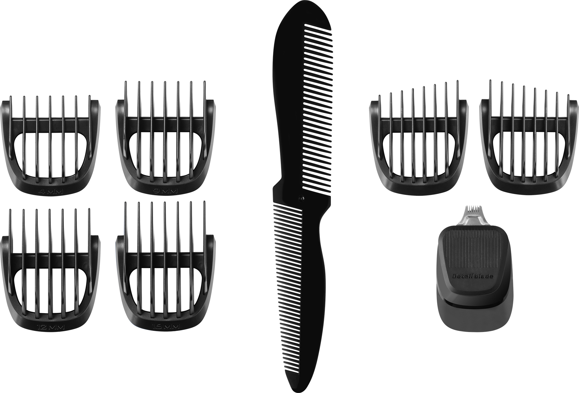 Accessori per tagliacapelli neri, inclusi pettini di diverse dimensioni.