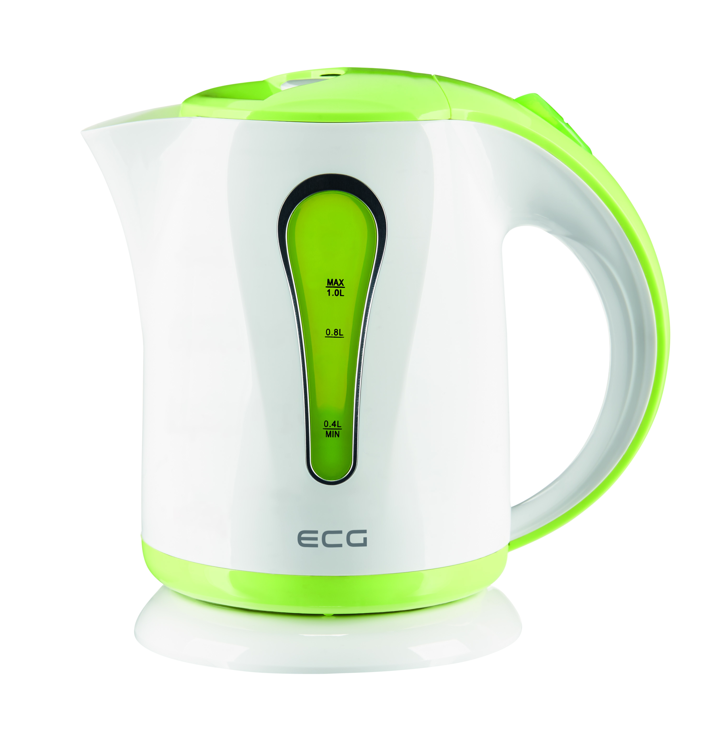 Biało-zielony czajnik elektryczny. Posiada wskaźnik pomiaru i białe tło.