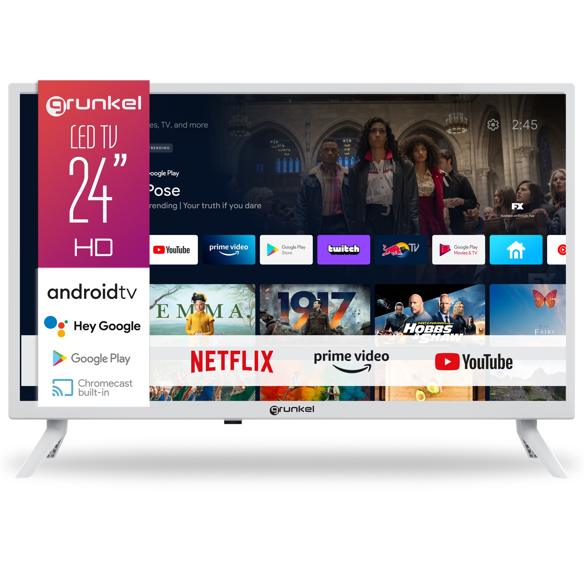 TV LED blanco de 24" con Android TV, aplicaciones de streaming y una escena de un programa.