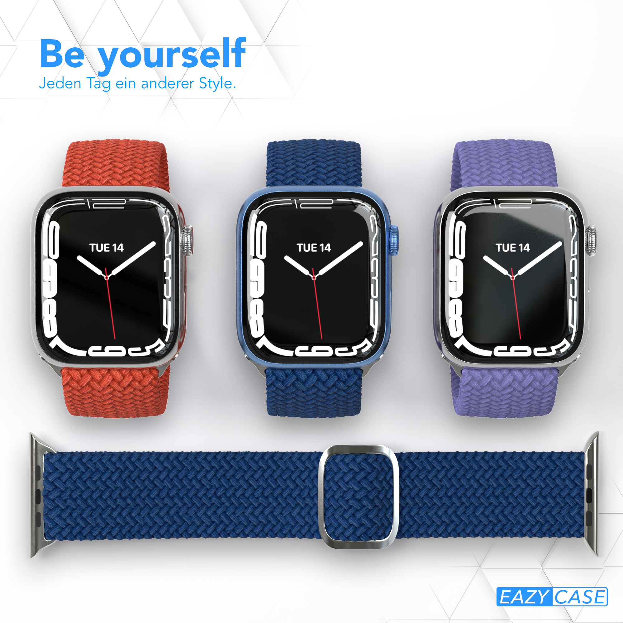 Drei Smartwatches mit verschiedenfarbigen Armbändern und ein blaues Armband.