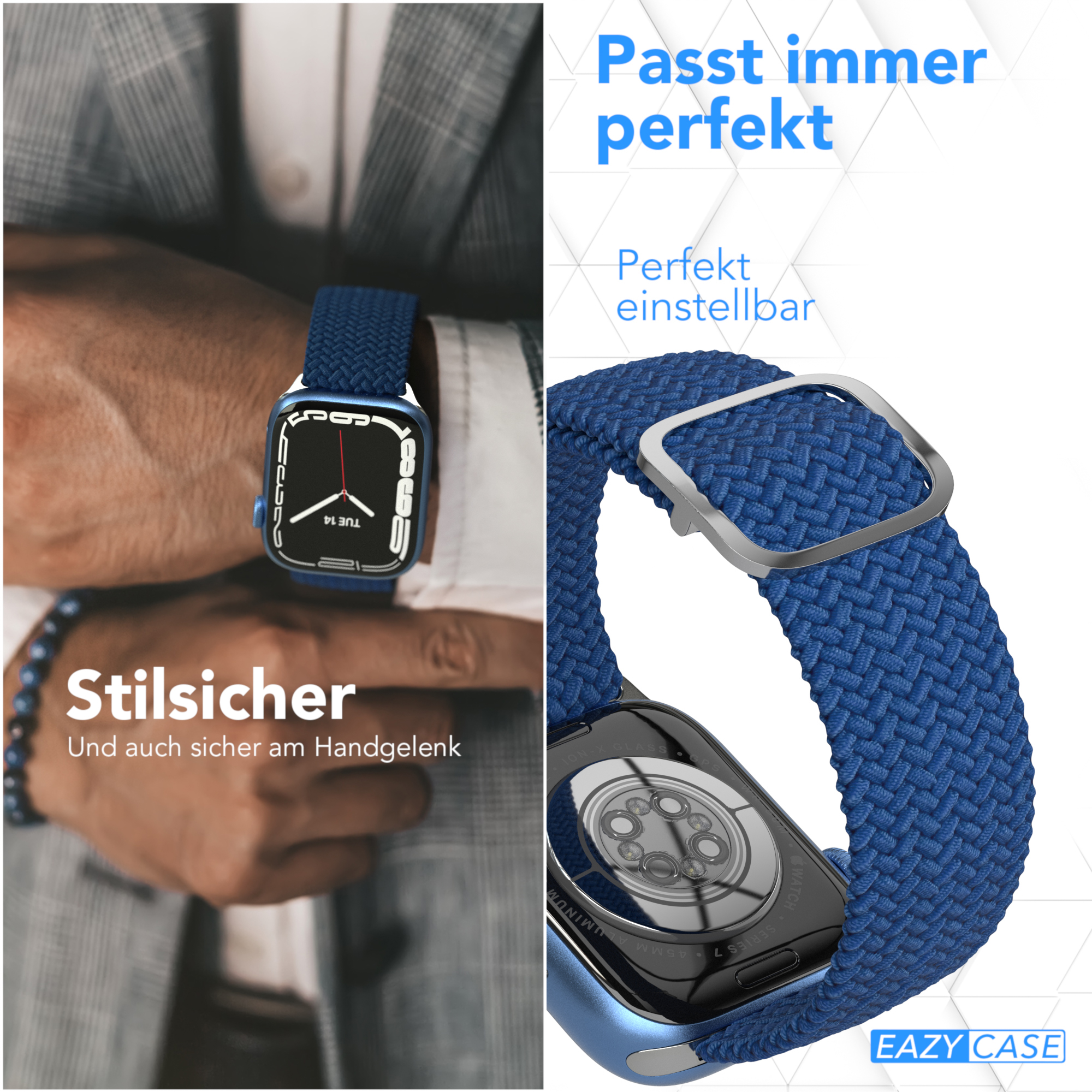 Das Handgelenk eines Mannes mit blauem geflochtenem Uhrenarmband. Text sagt 'Passt perfekt'.