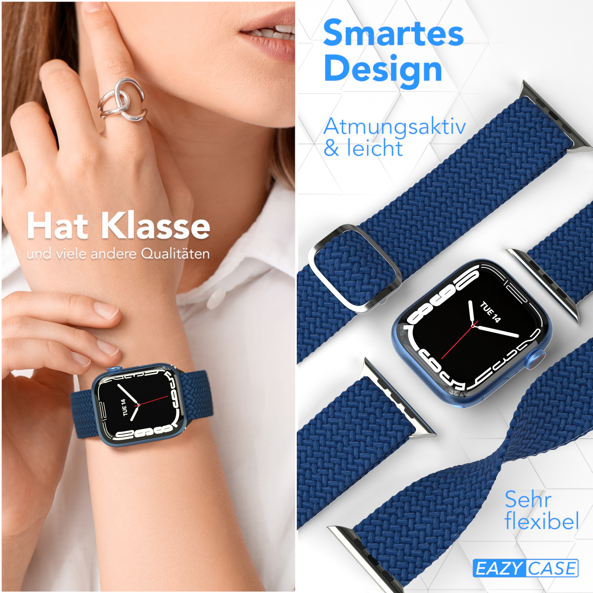 Handgelenk einer Frau mit blauer Uhr. Ein blaues Uhrenarmband und eine Uhr werden gezeigt.