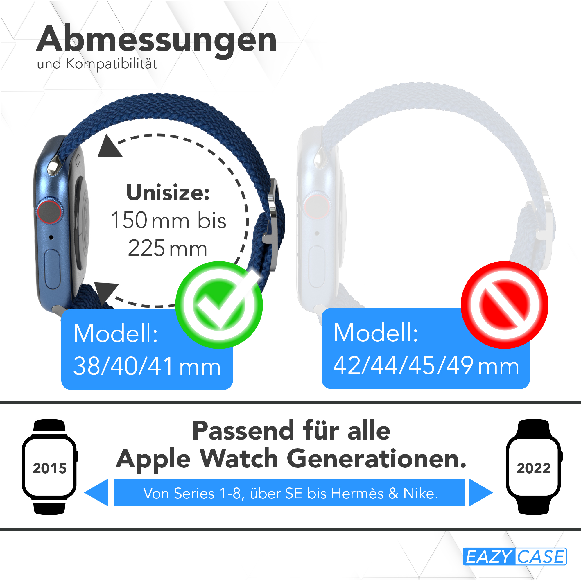 Apple Watch mit Armband, Text: Unsize, Modell: 38/40/41mm, 42/44/45/49mm.