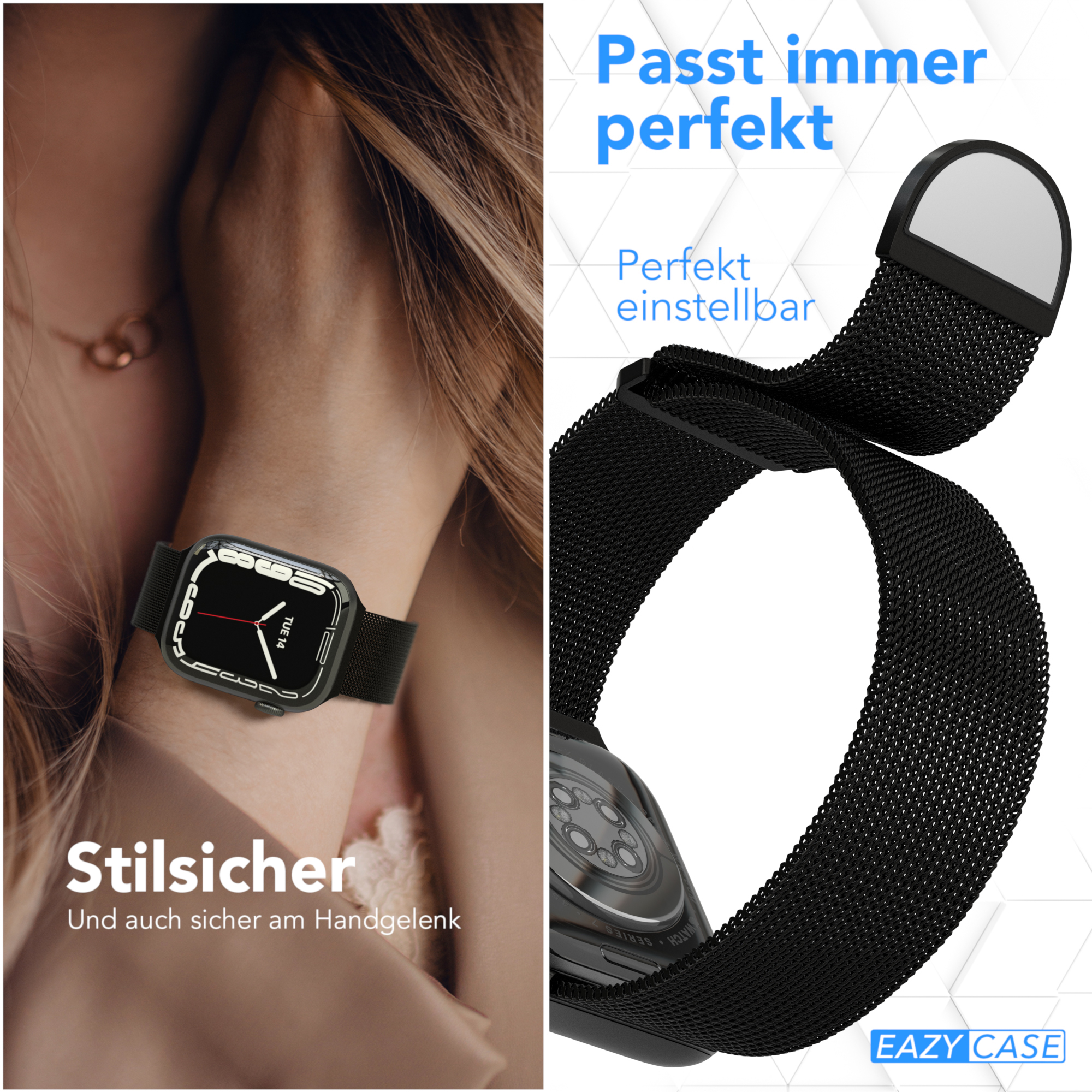 Frau trägt Smartwatch mit schwarzem Armband, und ein schwarzes Armband.