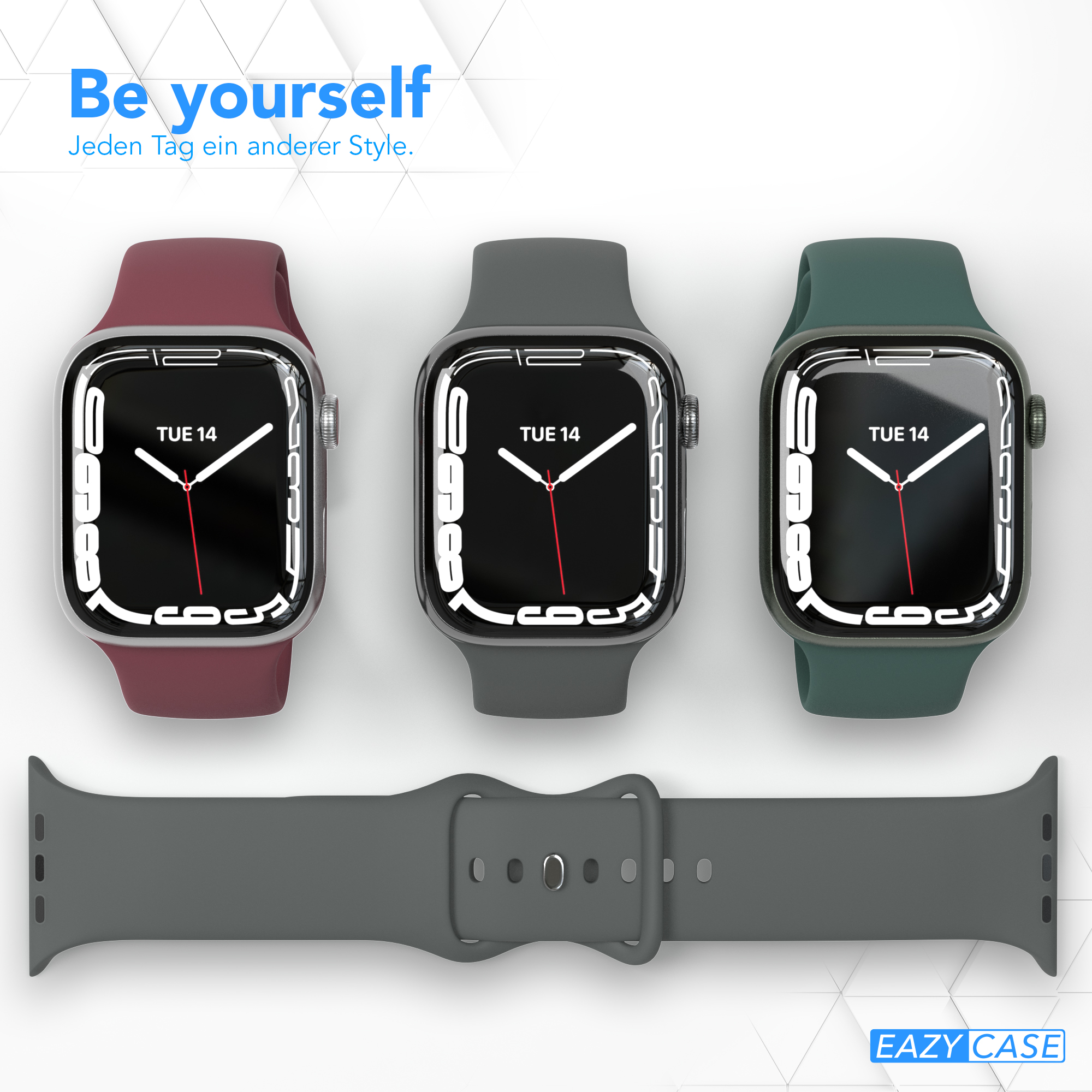 Drei Smartwatches mit unterschiedlich farbigen Armbändern. Die Armbänder sind grau, grün und weinrot.