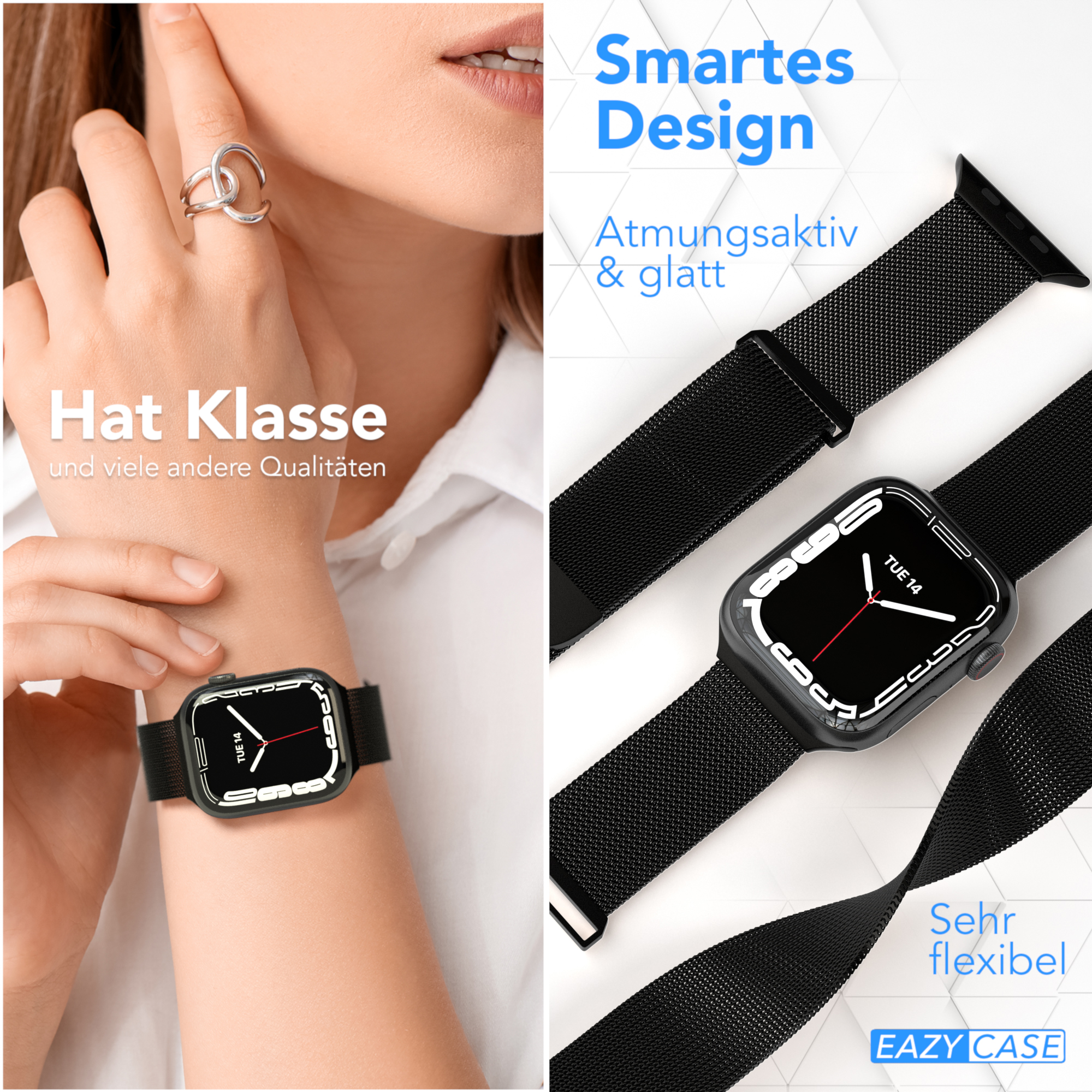 Frau trägt Smartwatch. Text: Smartes Design, Atmungsaktiv & glatt, Hat Klasse, Sehr flexibel.