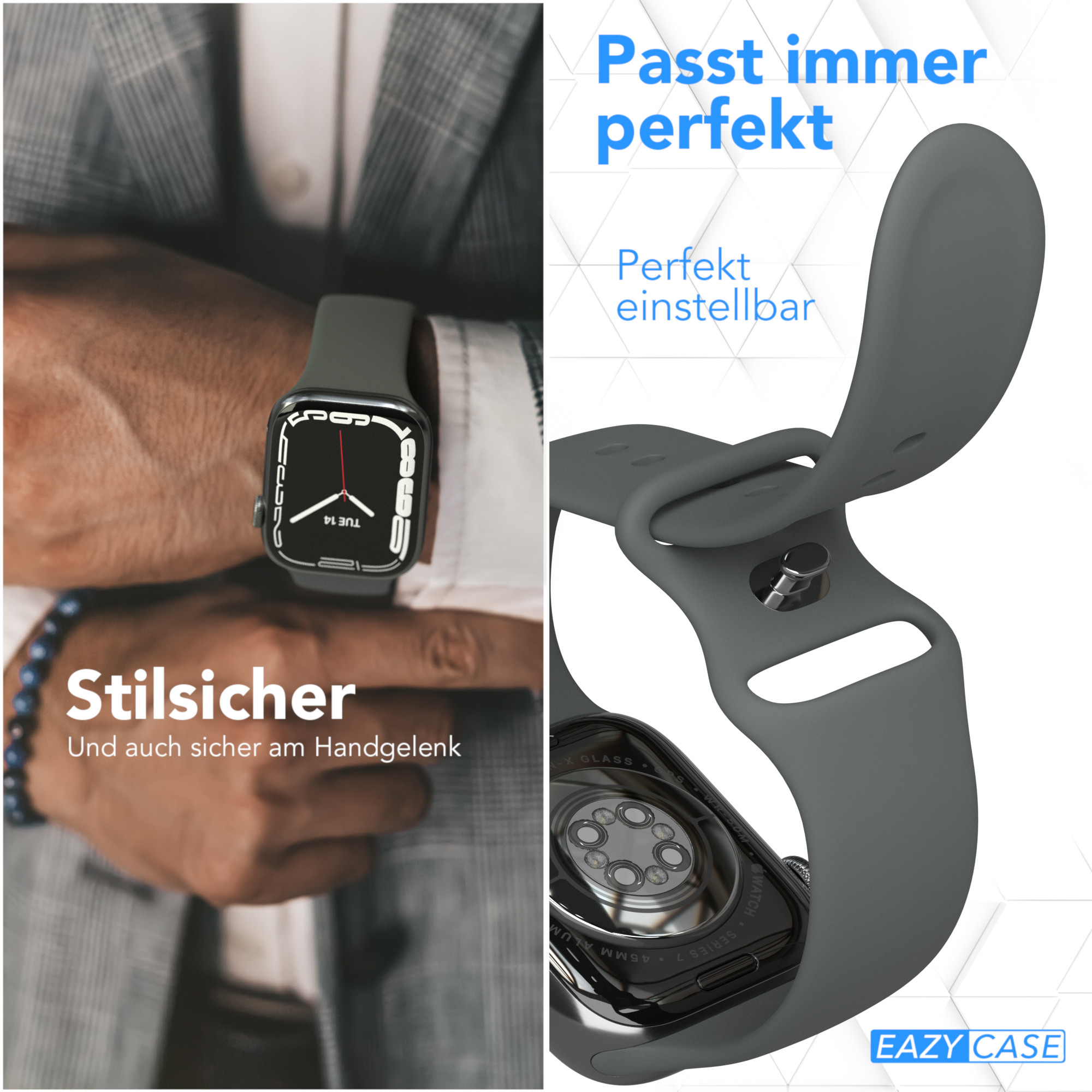 Mann trägt Uhr am Handgelenk. Uhr zeigt die Zeit. Text: Passt perfekt.