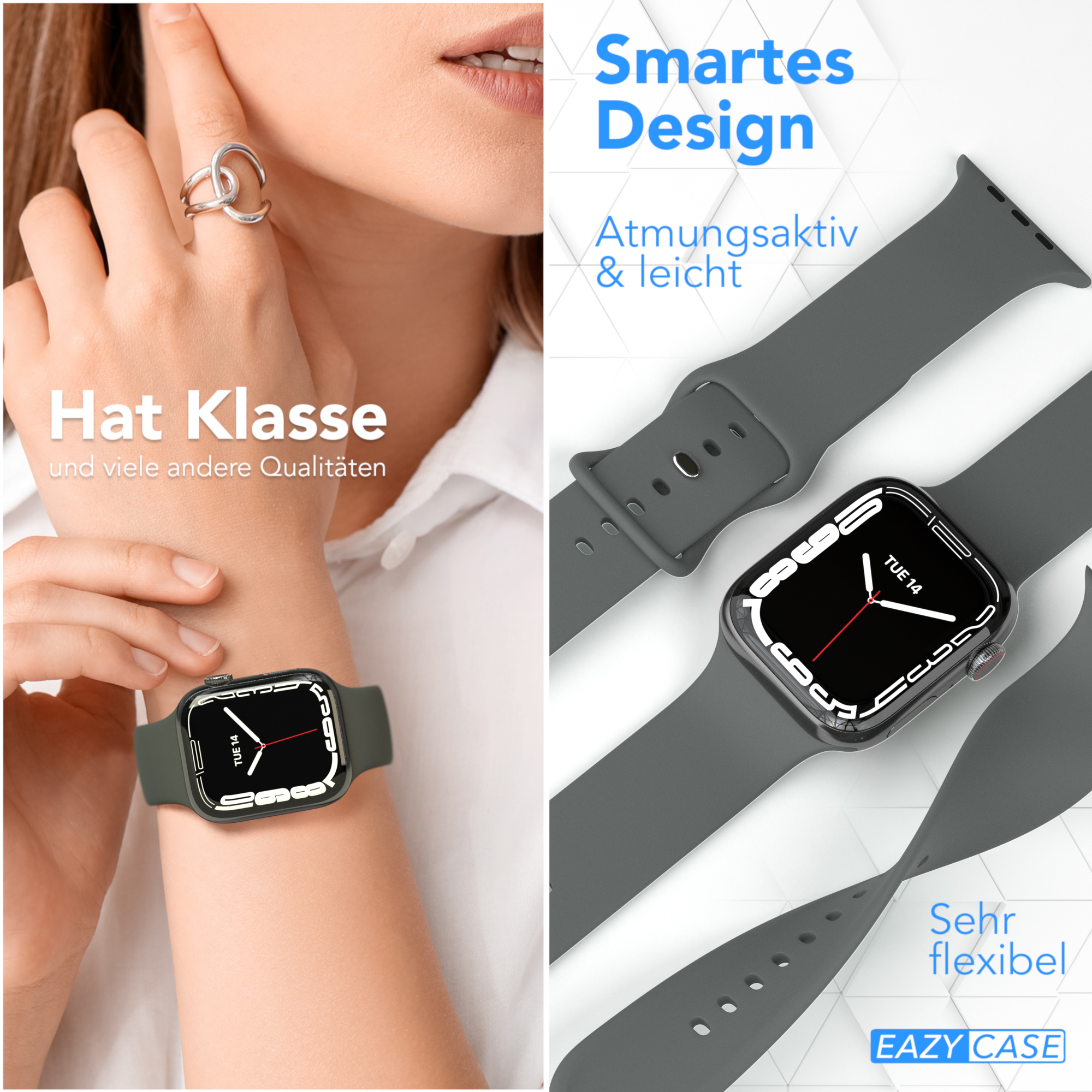 Frau trägt Smartwatch. Die Uhr ist grau, daneben eine weitere Uhr mit Armband.