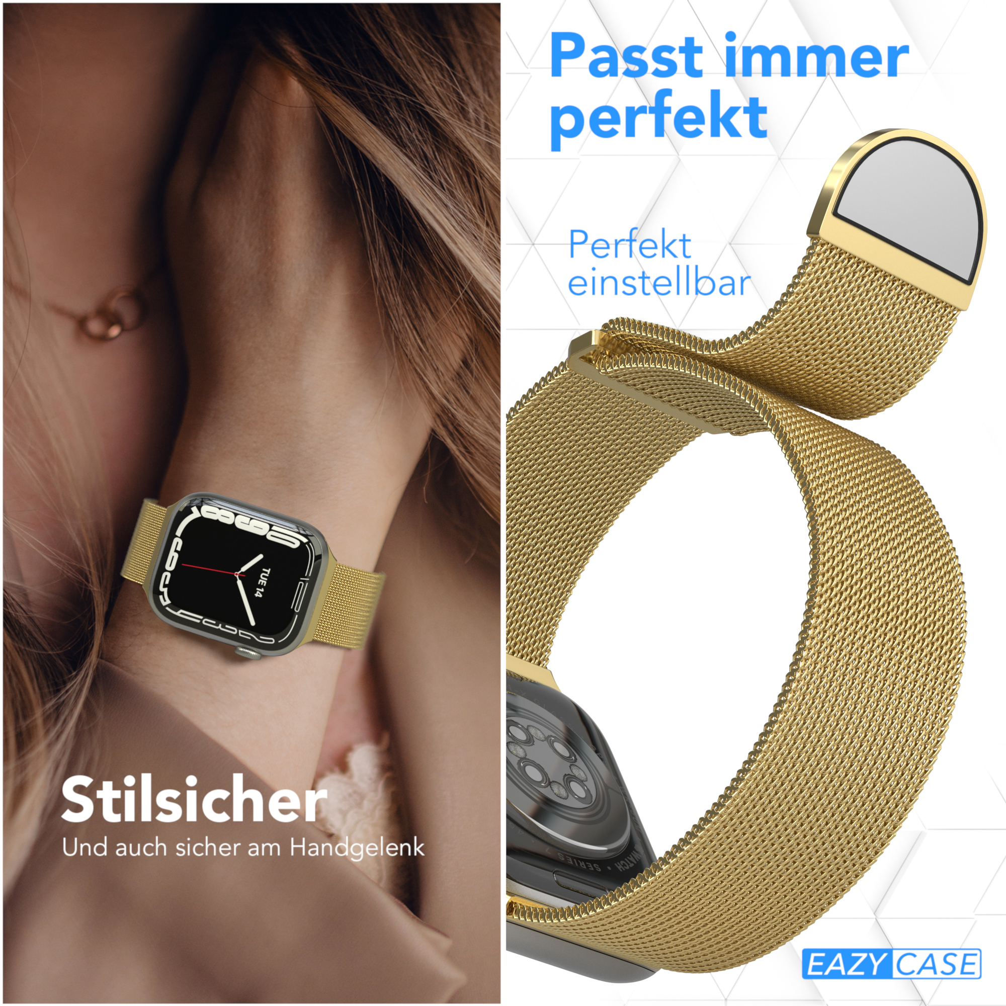 Eine Frau trägt eine goldene Uhr mit Mesh-Armband, mit einer Nahaufnahme der Uhr.