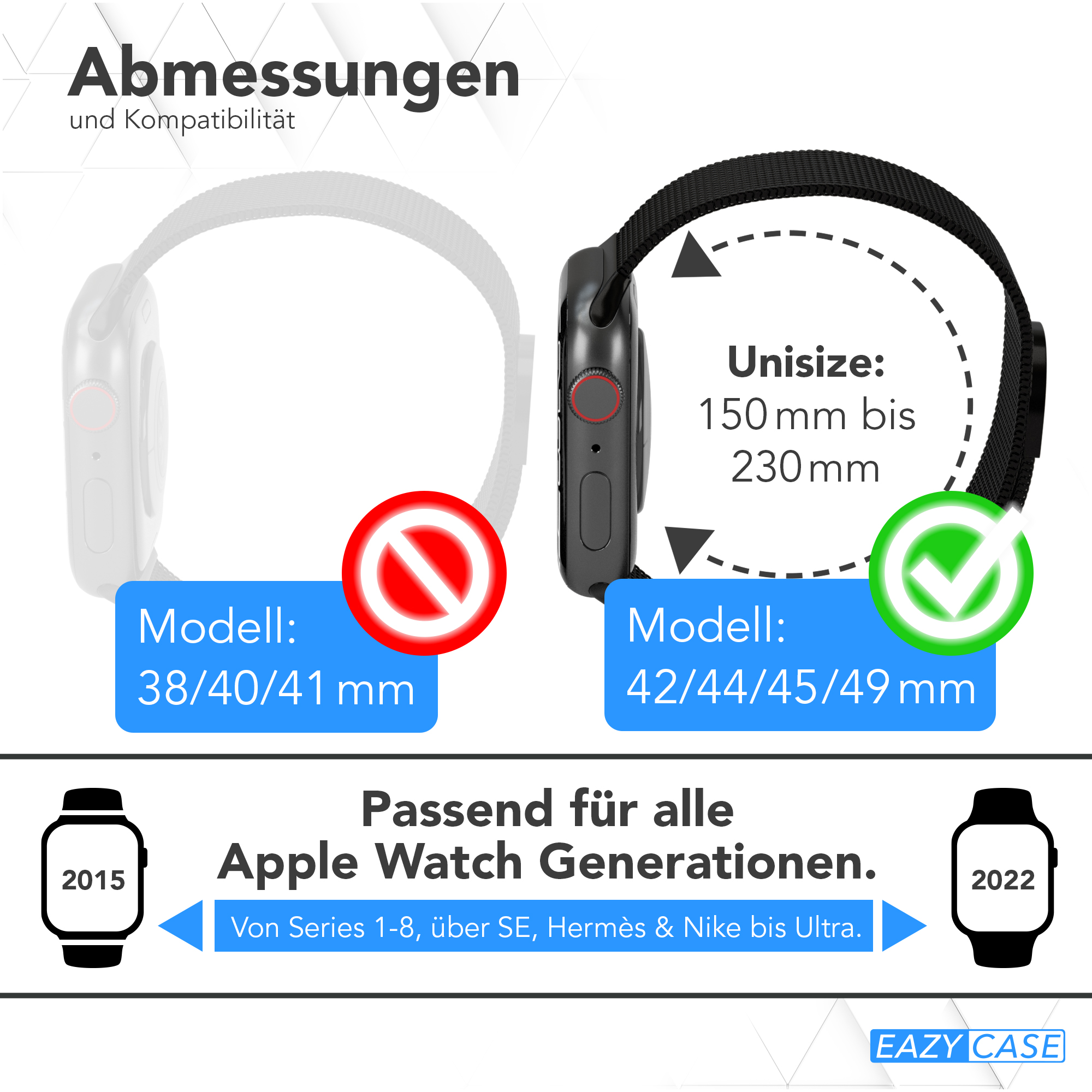 Zwei Apple Watches mit Text darüber, welche Größe passt. Ein rotes Verbotszeichen.