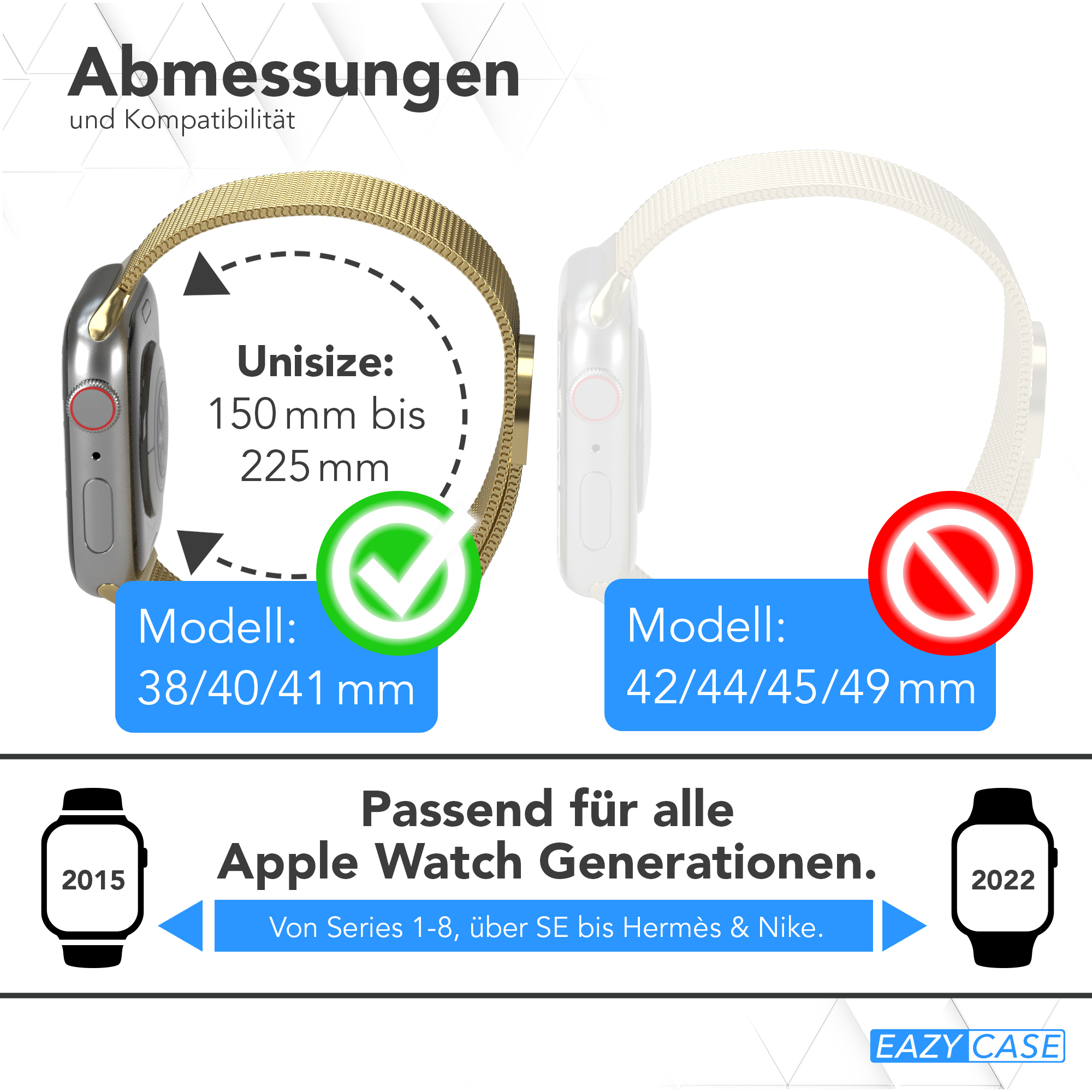 Eine Apple Watch mit goldenem Armband. Infografiken zeigen Kompatibilität und Größen.