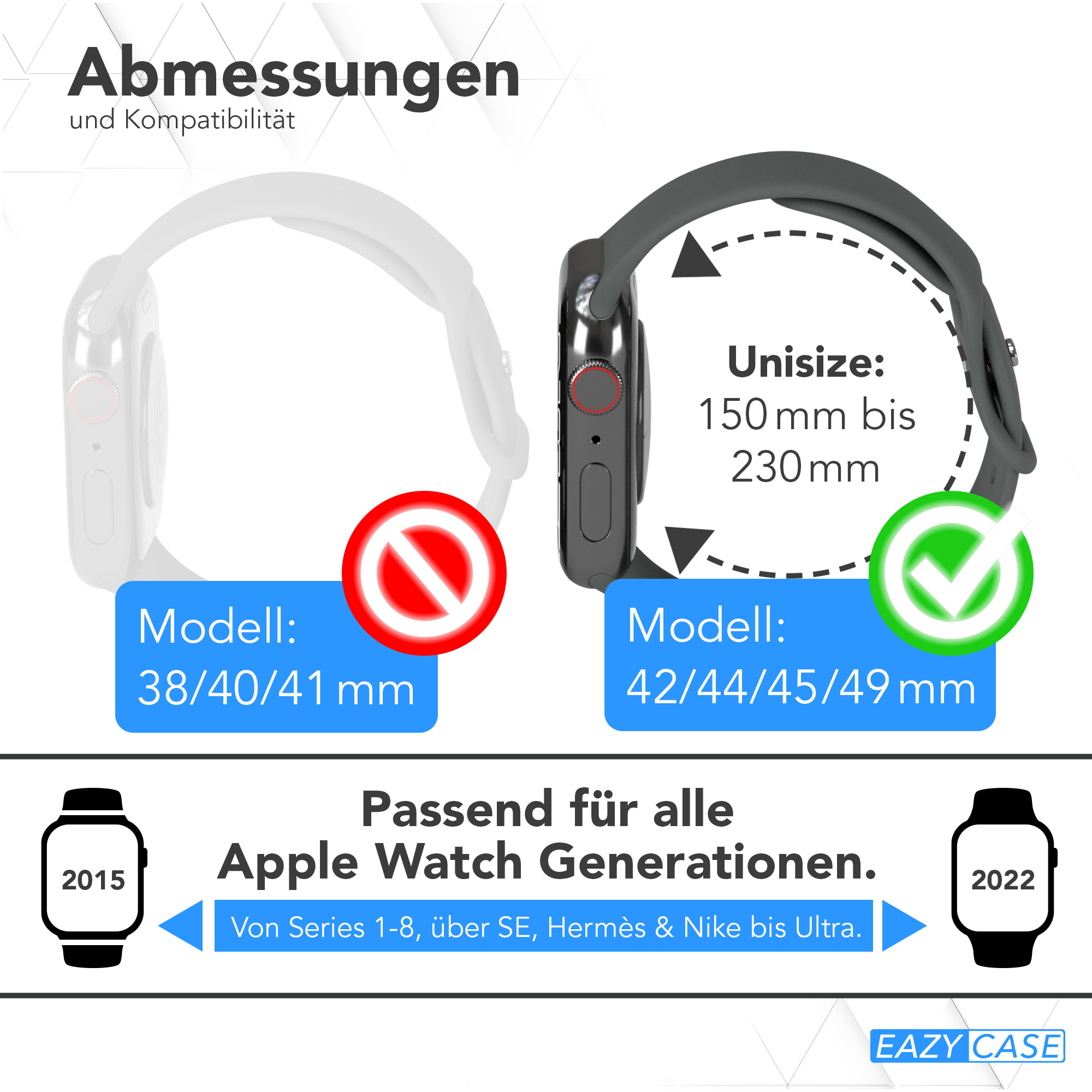 Vergleich von zwei Smartwatches, eine nicht kompatibel und die andere kompatibel, mit Größenangaben.