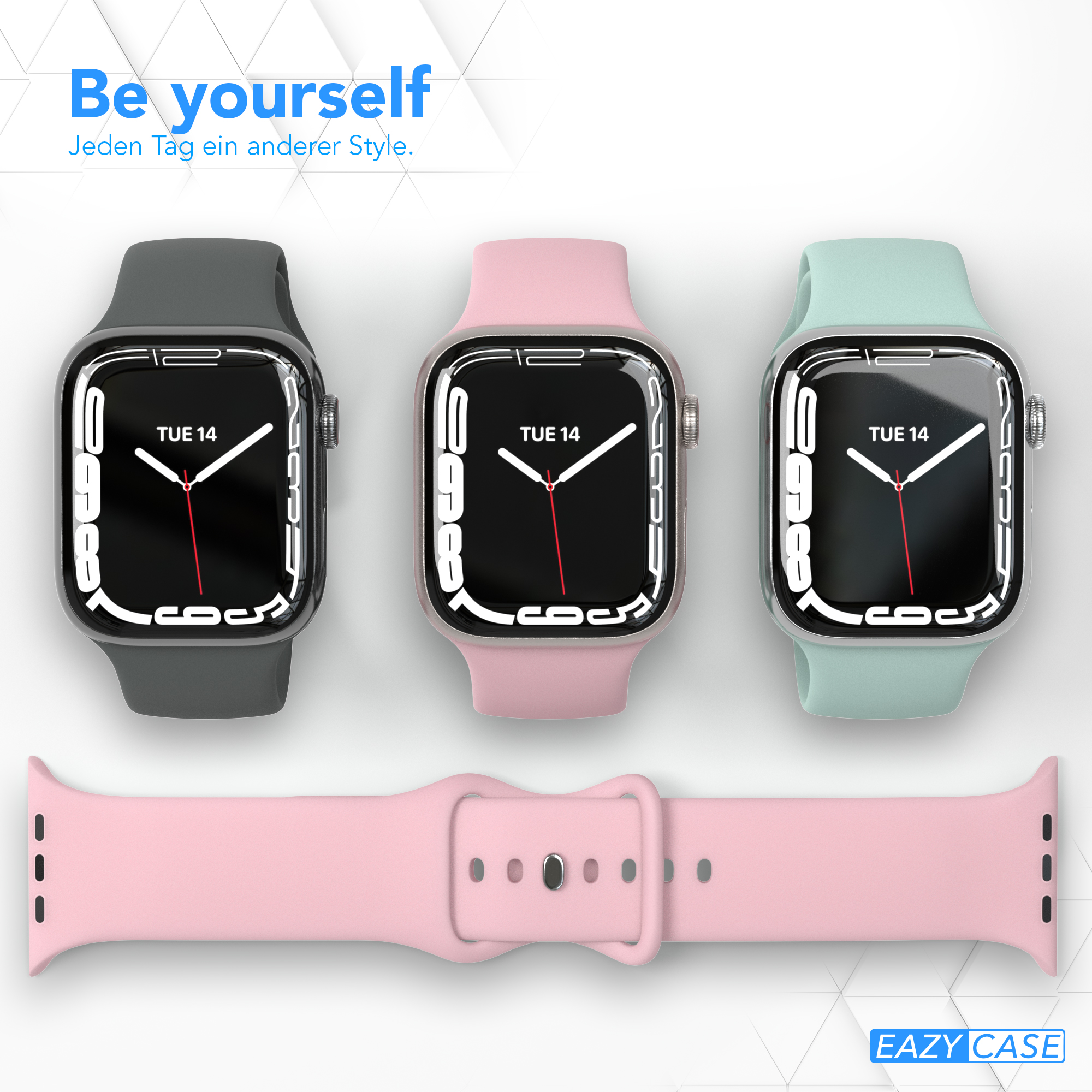 Drei Smartwatches mit verschiedenfarbigen Armbändern. Rosa, graue und grüne Bänder. Text 'Be yourself'.