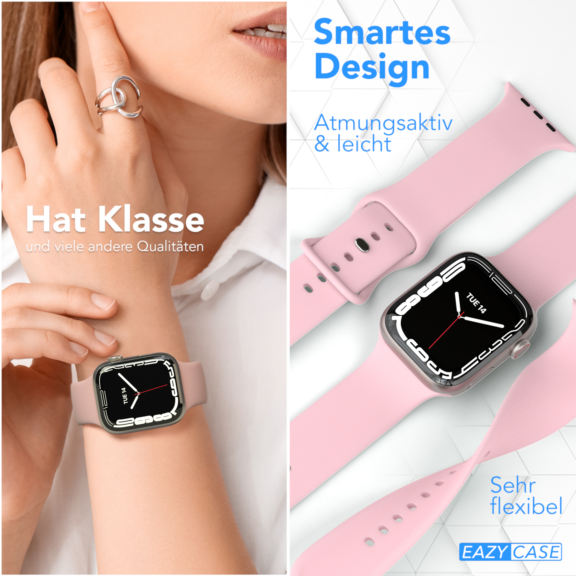 Frau trägt Smartwatch mit rosa Armband. Text: Smartes Design.