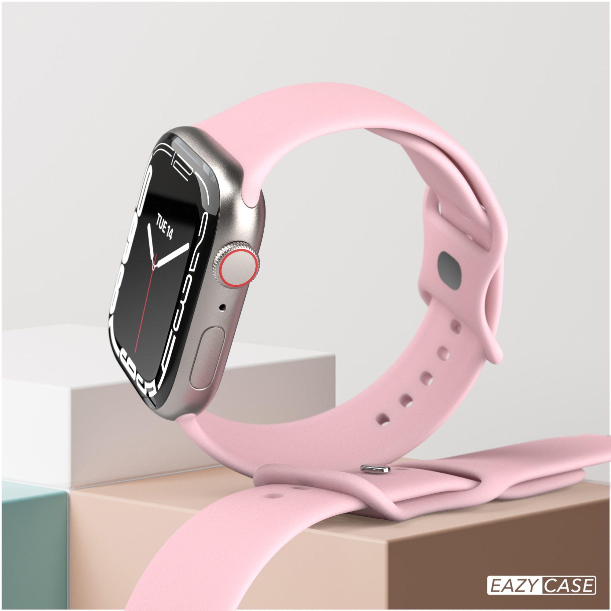 Eine pinkfarbene Smartwatch mit pinkfarbenem Armband. Die Uhr steht auf einem Ständer. Der Hintergrund ist weiß.