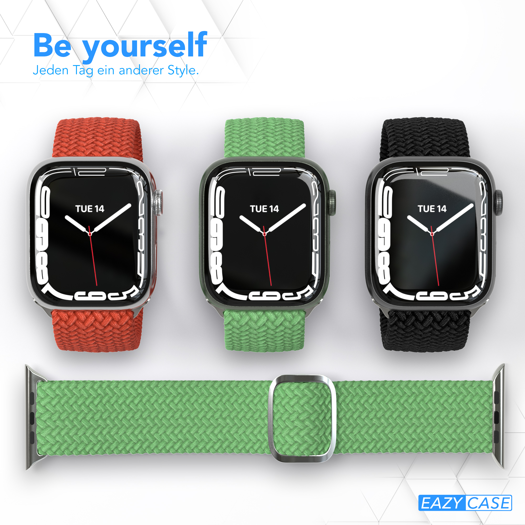 Drei Smartwatches mit verschiedenfarbigen Armbändern. Rote, grüne und schwarze Bänder. Text 'Be yourself'.