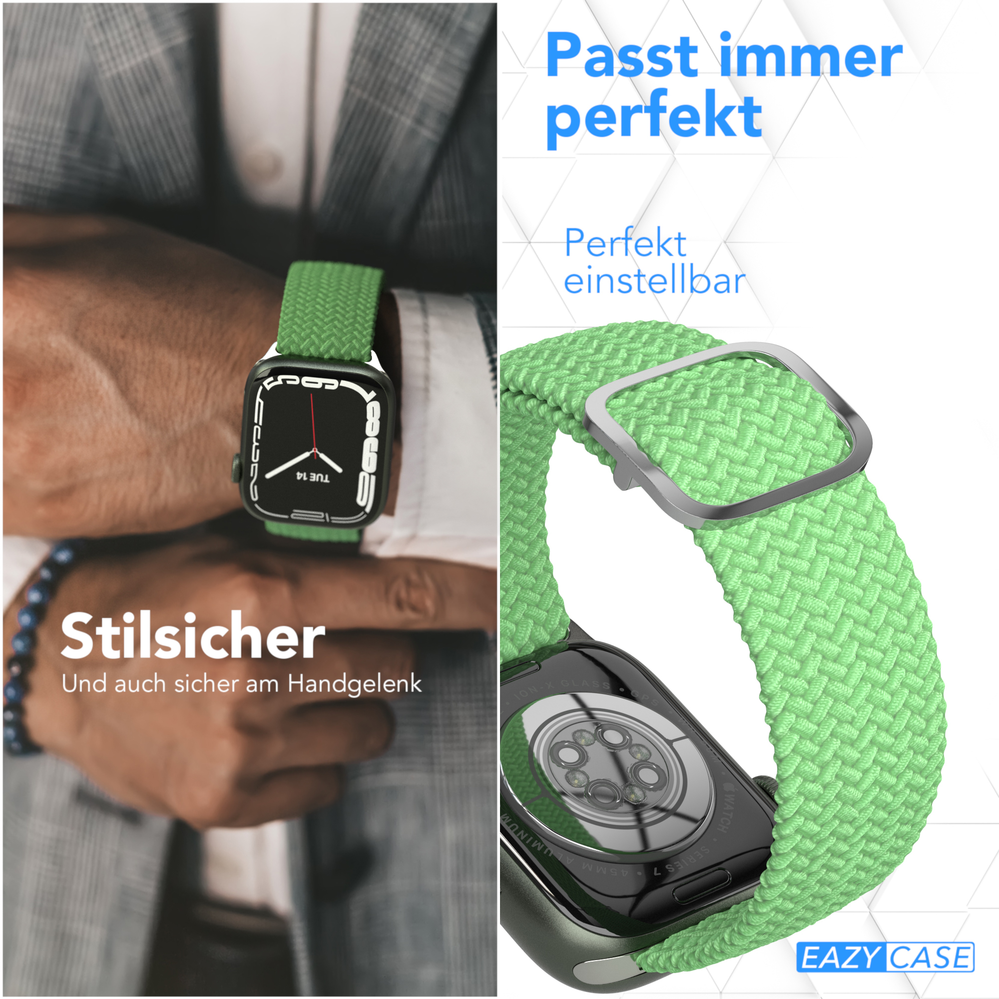 Ein grünes geflochtenes Armband an einem Handgelenk. Zifferblatt und Verschluss sind sichtbar. Textbeschriftungen.