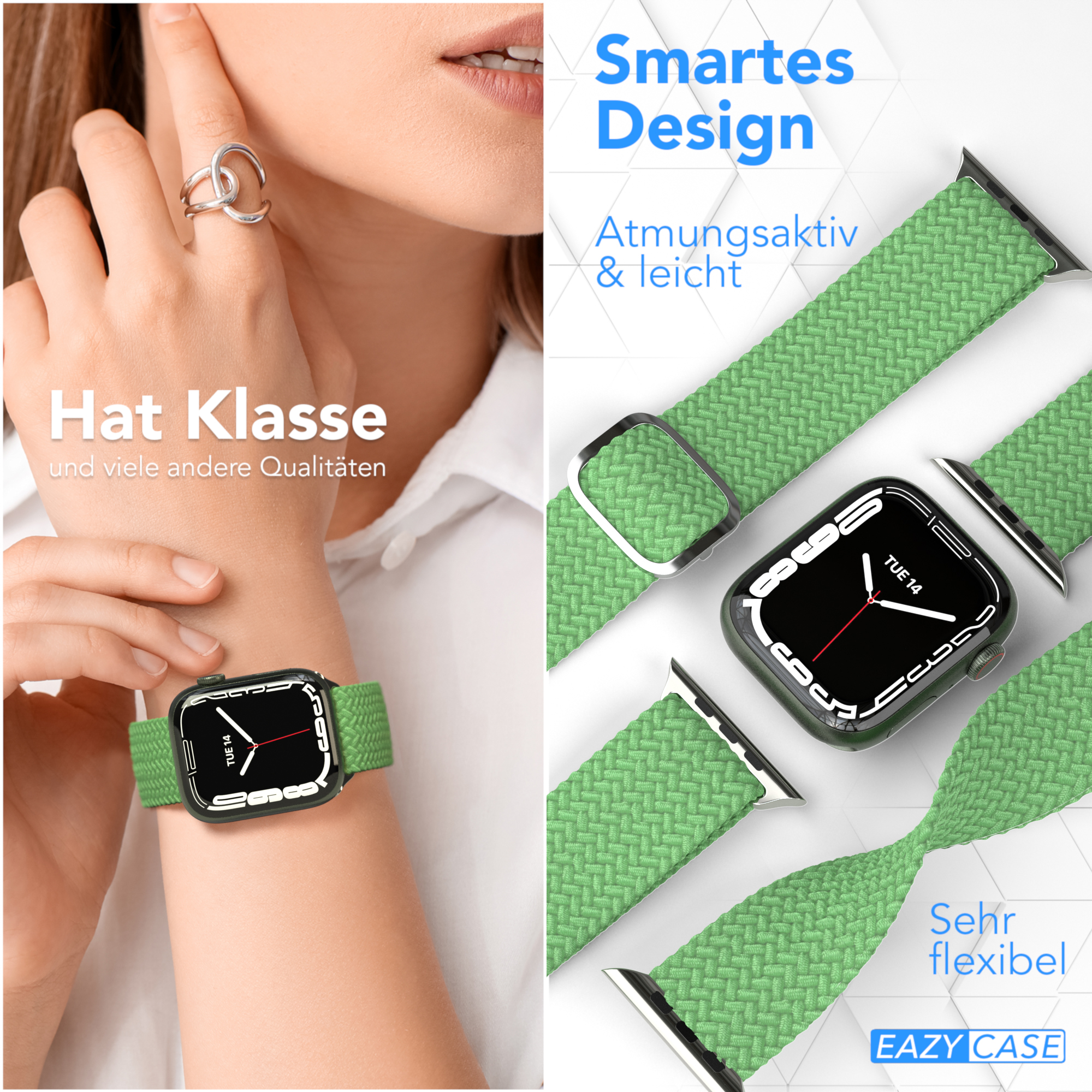 Grünes Apple Watch Armband am Handgelenk, mit Uhr. Andere Bänder gezeigt. Eazy Case Logo.