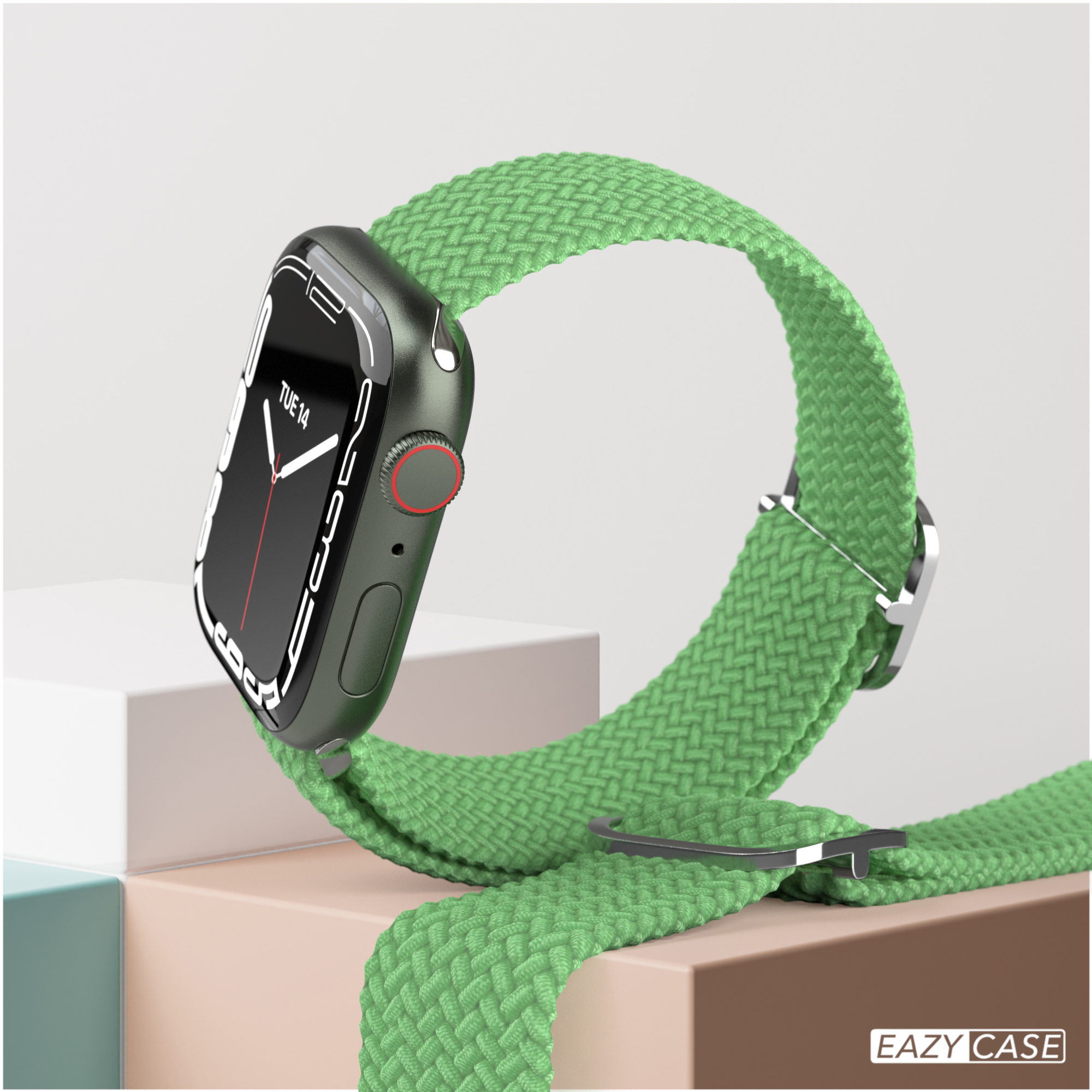 Smartwatch mit grünem Armband. Schwarzes Zifferblatt mit Datum.