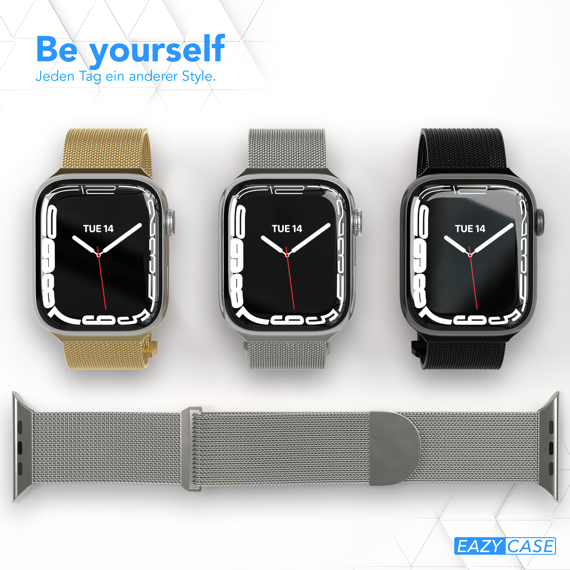Drei Smartwatches mit verschiedenfarbigen Armbändern. Unten ein silbernes Mesh-Armband.