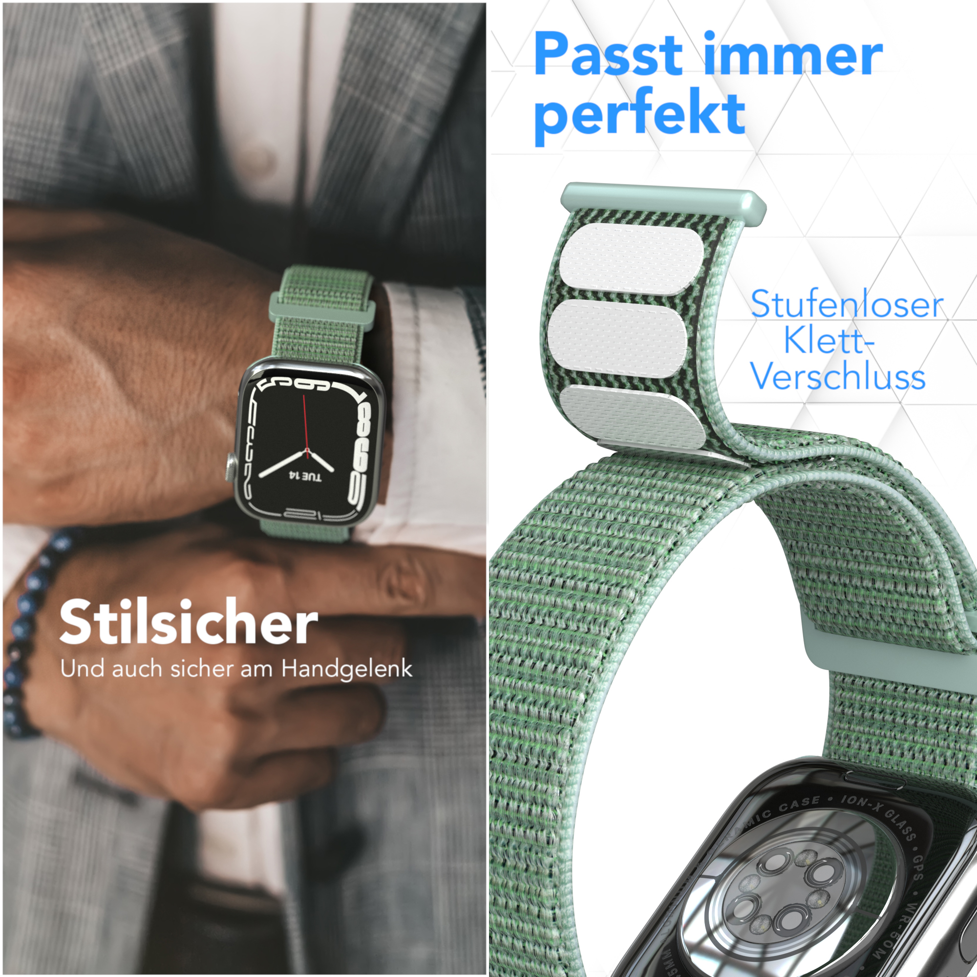 Person mit Uhr und grünem Armband. Die Uhr zeigt die Zeit. Rechts Detail des Bandes mit Text.