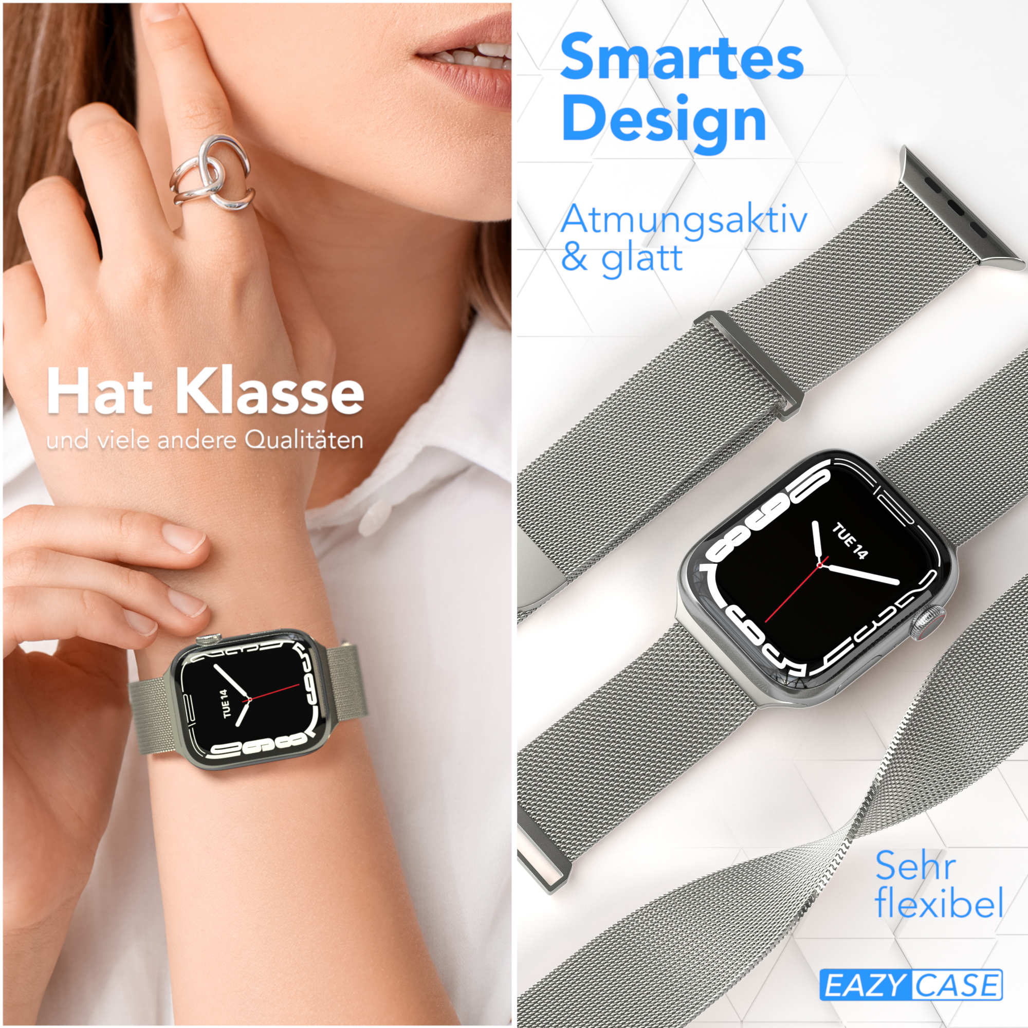 Handgelenk einer Frau mit Uhr; das Zifferblatt zeigt die Uhrzeit. Das Uhrenarmband ist hell olivgrün.