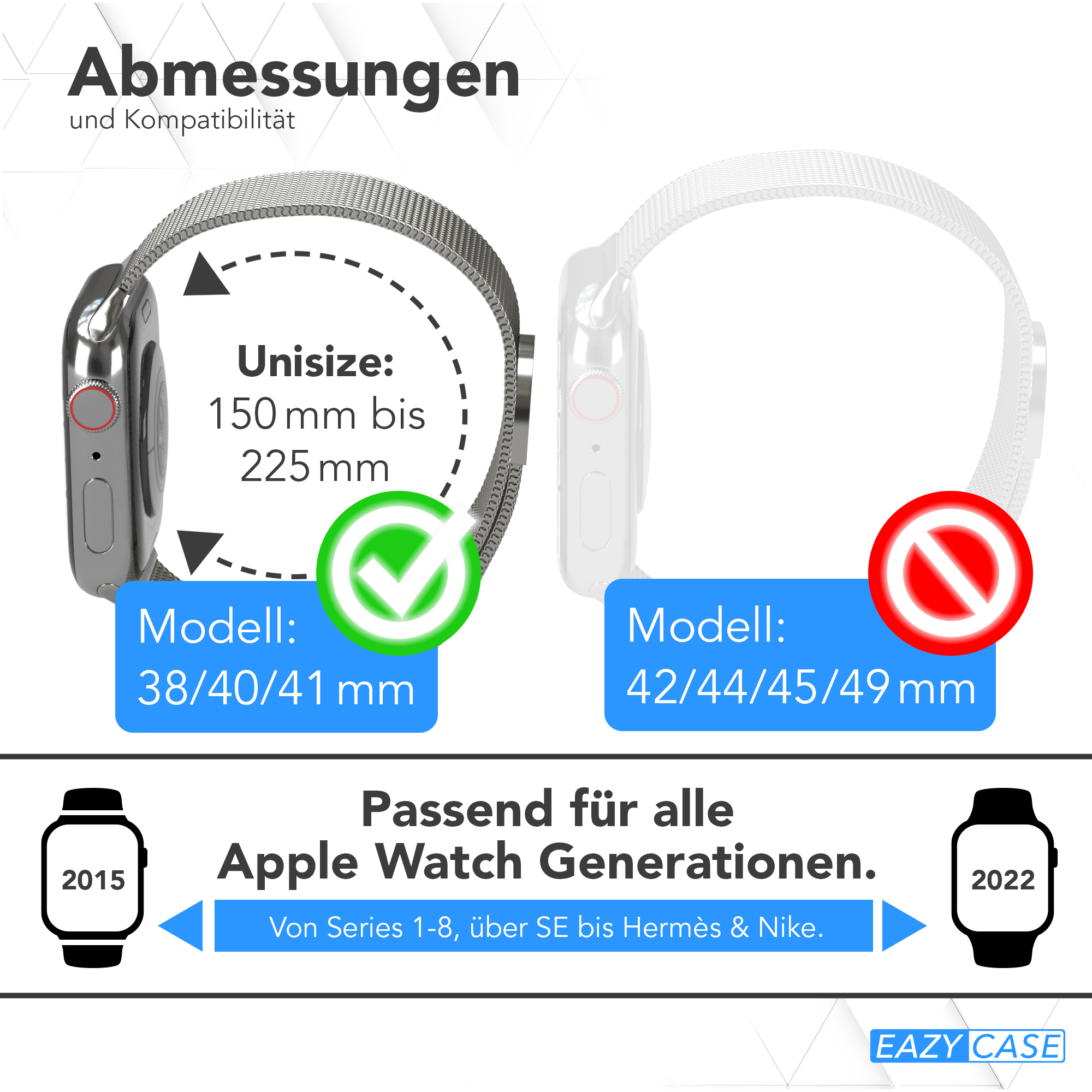 Zwei Armbänder, eines an einer Uhr, eines allein. Text sagt 'Unisize: 150mm bis 225mm', kompatibel mit Apple Watch.