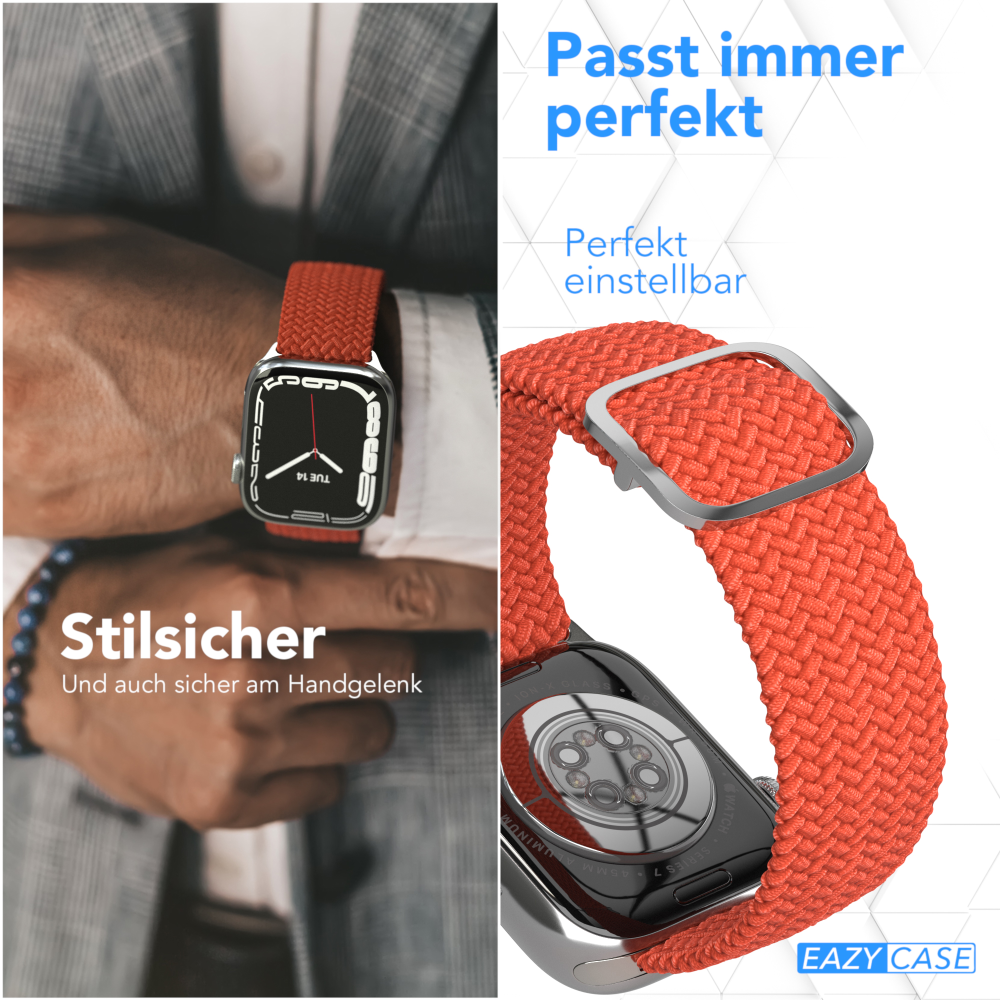 Eine Person trägt ein rotes geflochtenes Apple Watch-Armband, am Handgelenk mit Text angezeigt.
