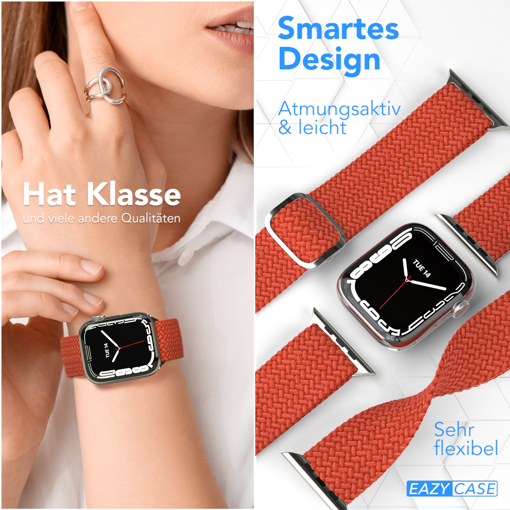 Frau trägt eine rote Armband-Smartwatch am Handgelenk. Andere Uhr- und Bandteile werden gezeigt.