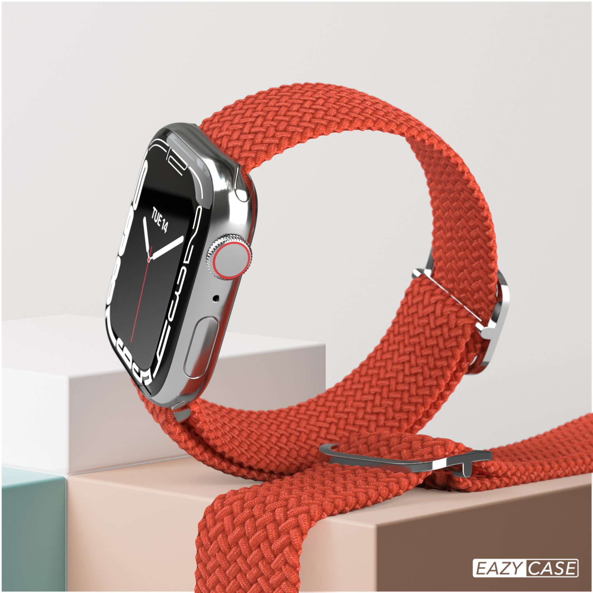 Apple Watch mit rotem geflochtenem Armband. Das Datum ist Dienstag, der 14. EAZY CASE Logo.