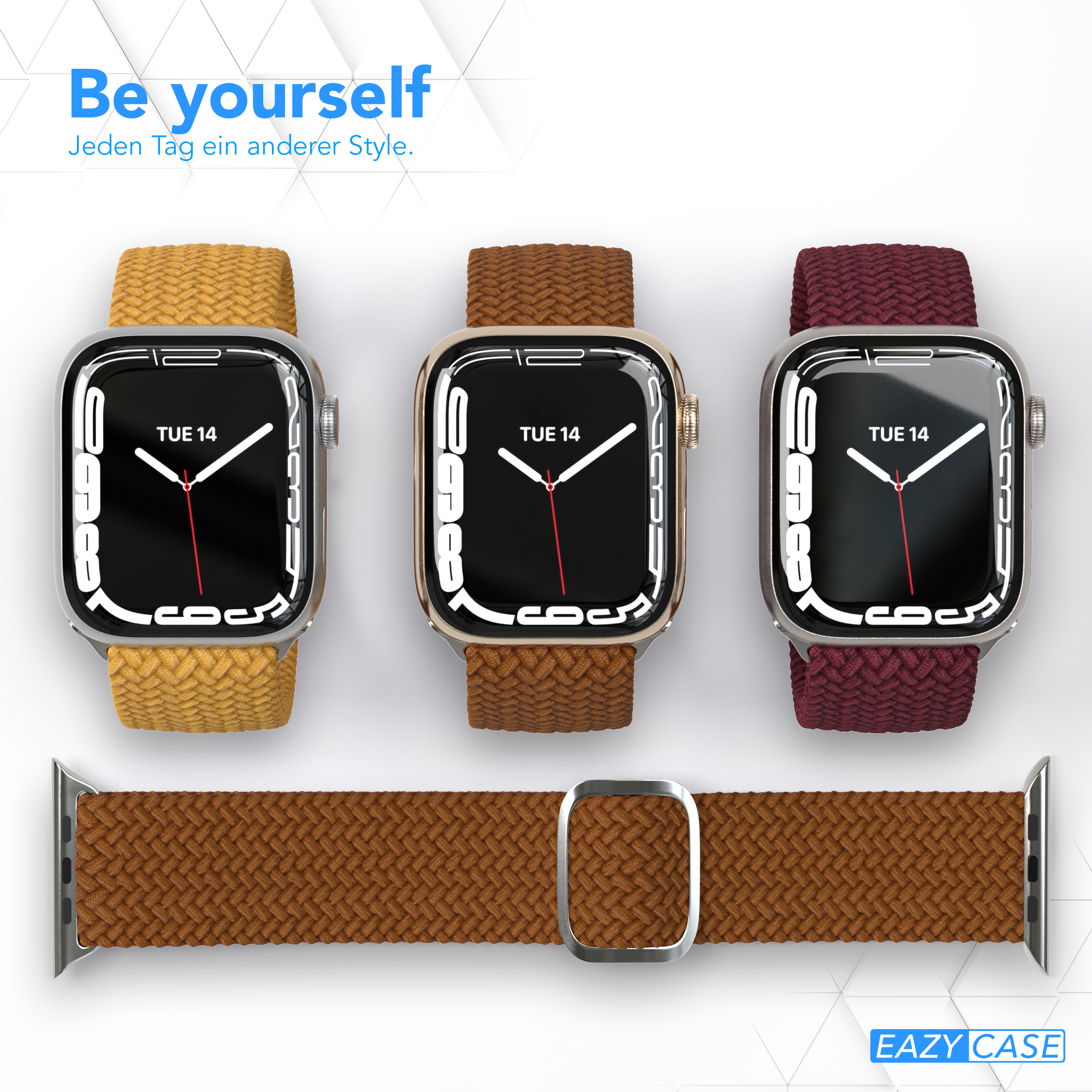 Drei Smartwatches mit unterschiedlich farbigen Armbändern. Die Zifferblätter zeigen Dienstag, den 14.