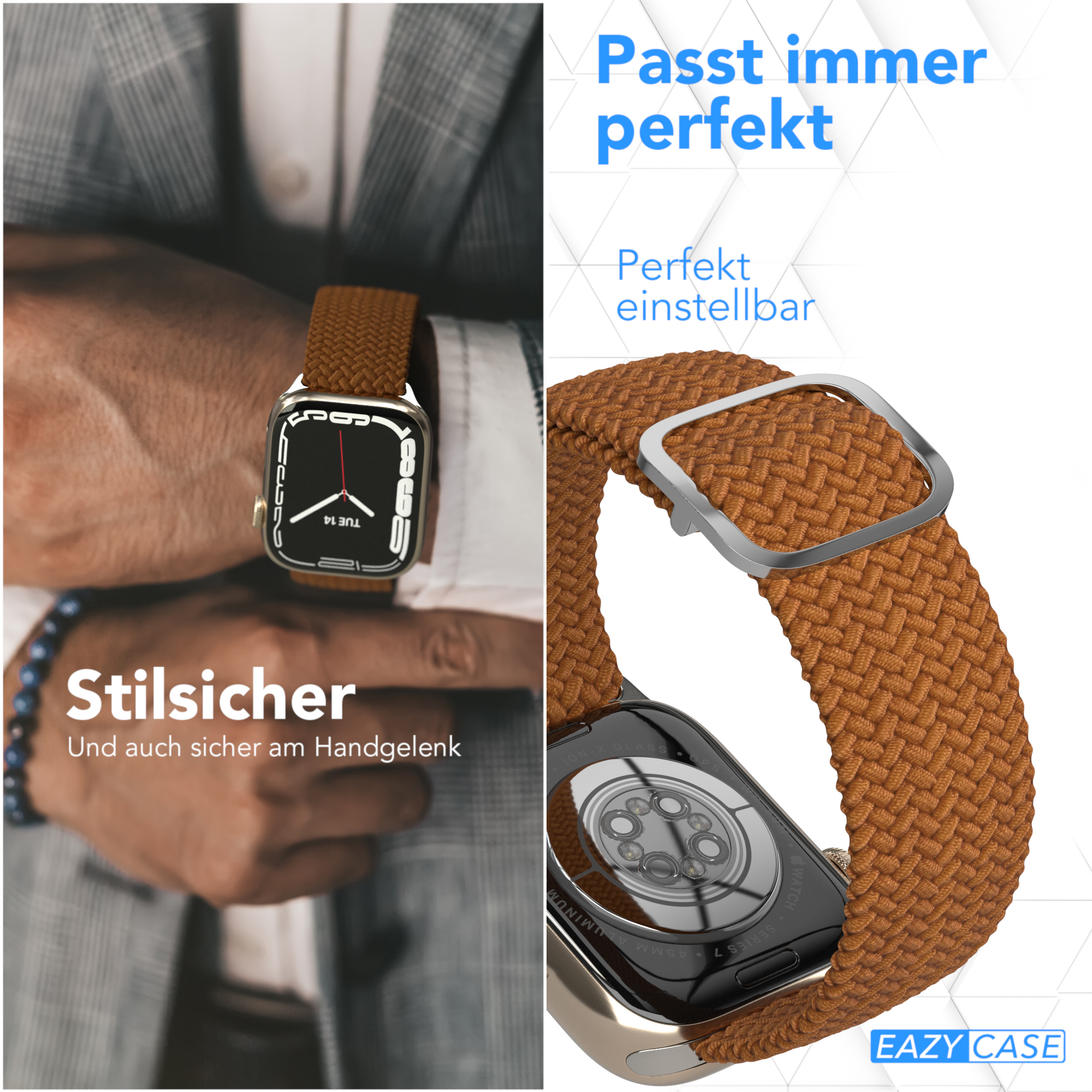 Mann trägt Uhr mit braunem Armband. Die Uhr wird am Handgelenk und separat gezeigt.