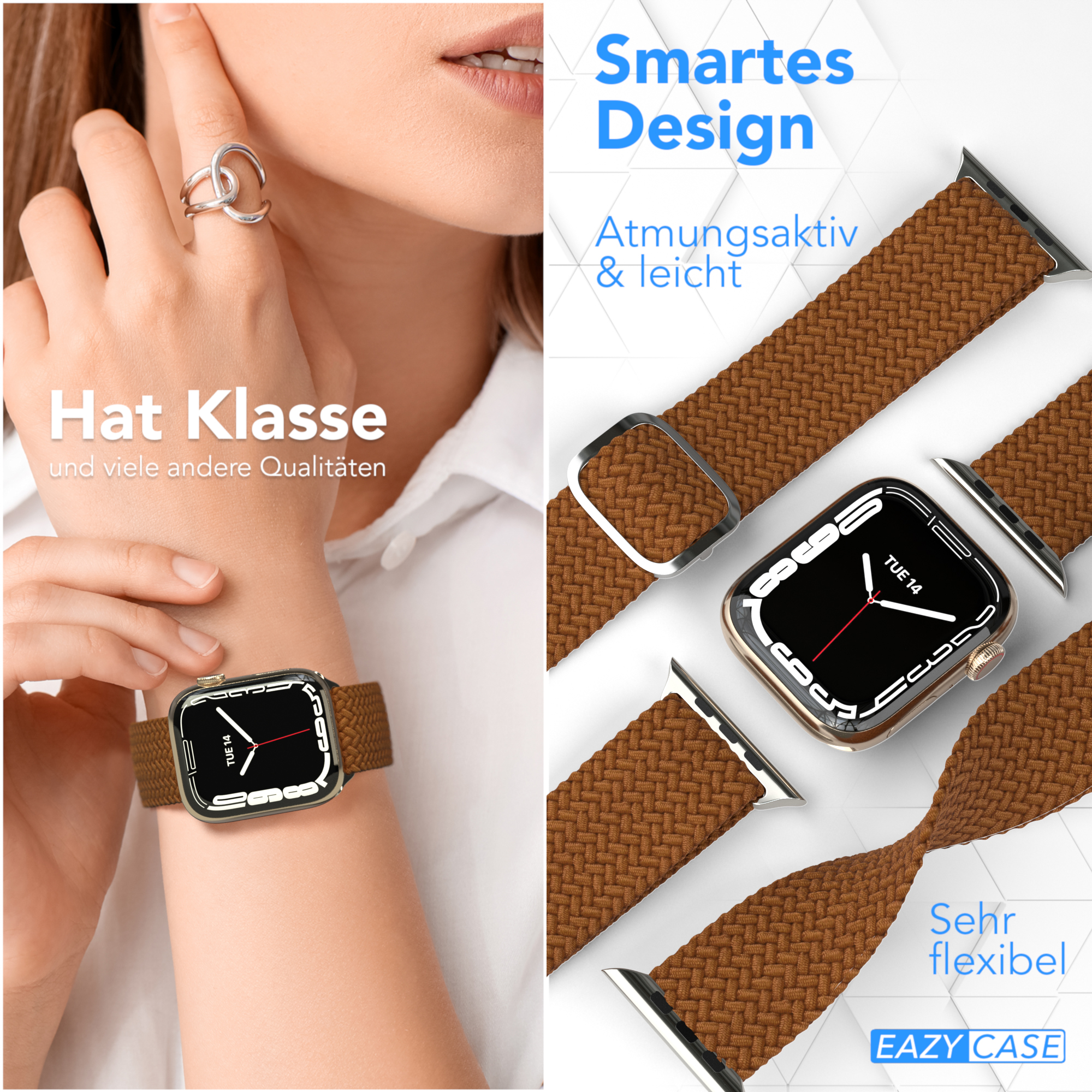 Frau trägt Uhr. Braunes geflochtenes Armband. Uhren zur Schau. Text: Smartes Design.