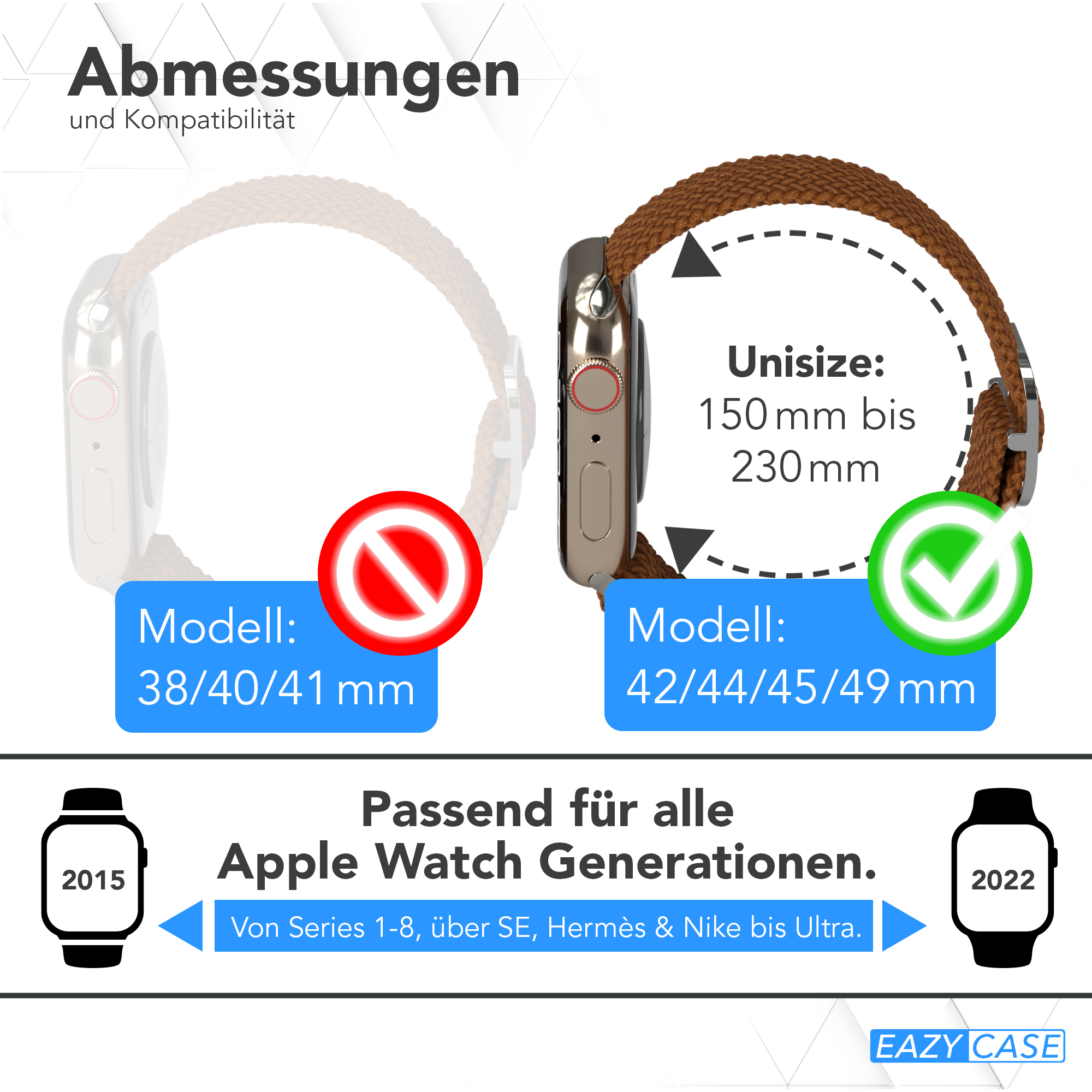 Zwei Apple Watch-Armbänder. Eines nicht kompatibel, das andere kompatibel. Text: Apple Watch-Generationen 2015-2022.
