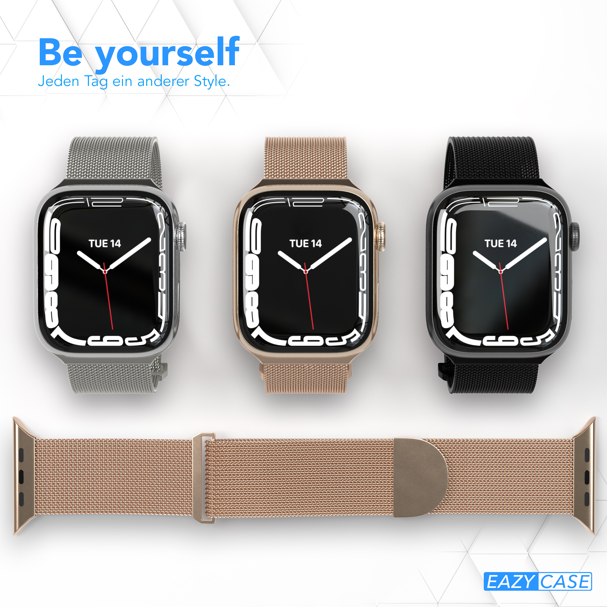Drei Smartwatches mit verschiedenen Armbändern: Silber, Gold und Schwarz. Ein goldenes Armband darunter.