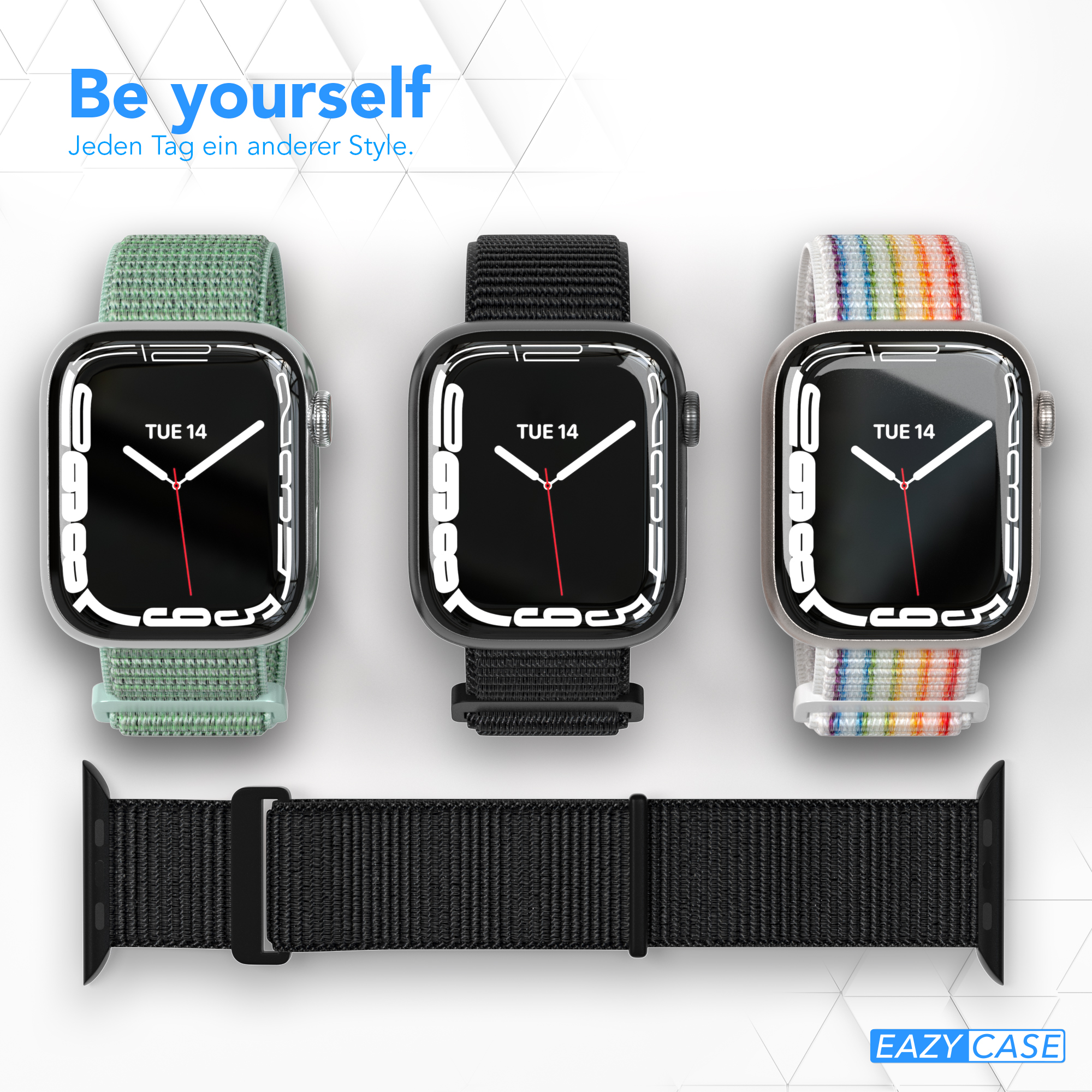 Drei Smartwatches mit verschiedenen Armbändern und ein zusätzliches Armband. Text: 'Be yourself'.