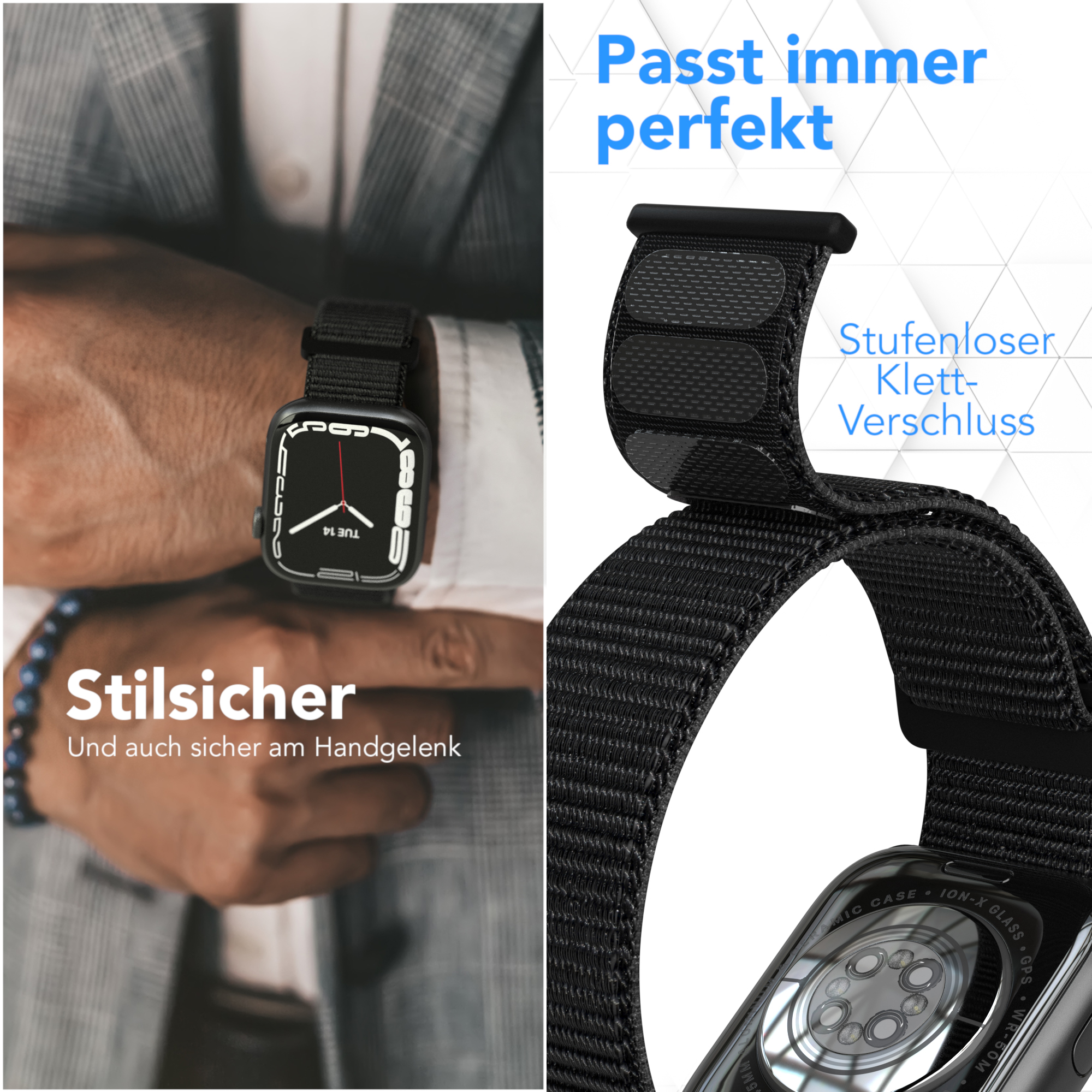 Ein Handgelenk mit einer schwarzen Uhr. Die Uhr hat ein schwarzes Armband. Das Armband ist um das Handgelenk.