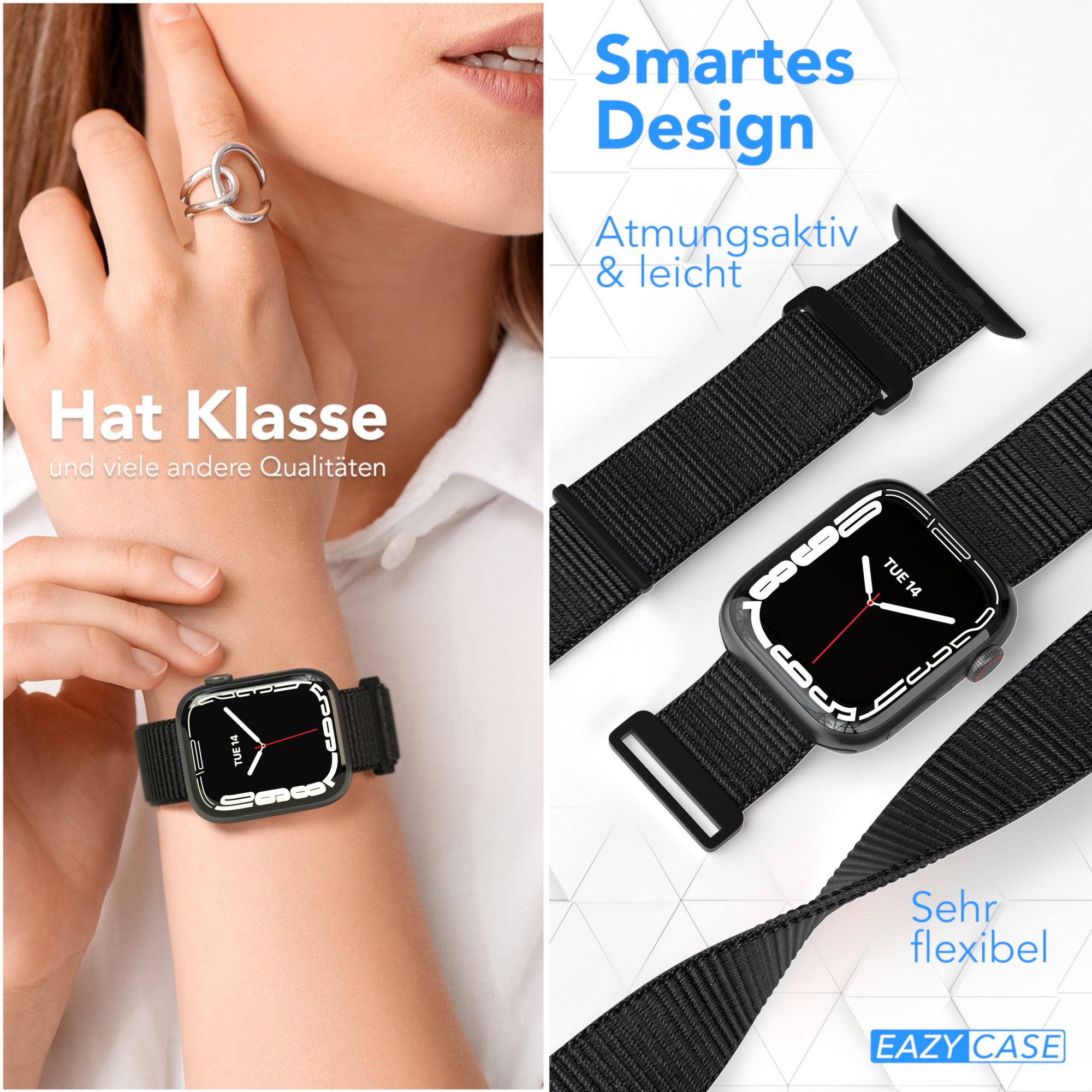 Zwei Bilder: eine schwarze Smartwatch am Handgelenk und auf einem Tisch. Text: Smartes Design.
