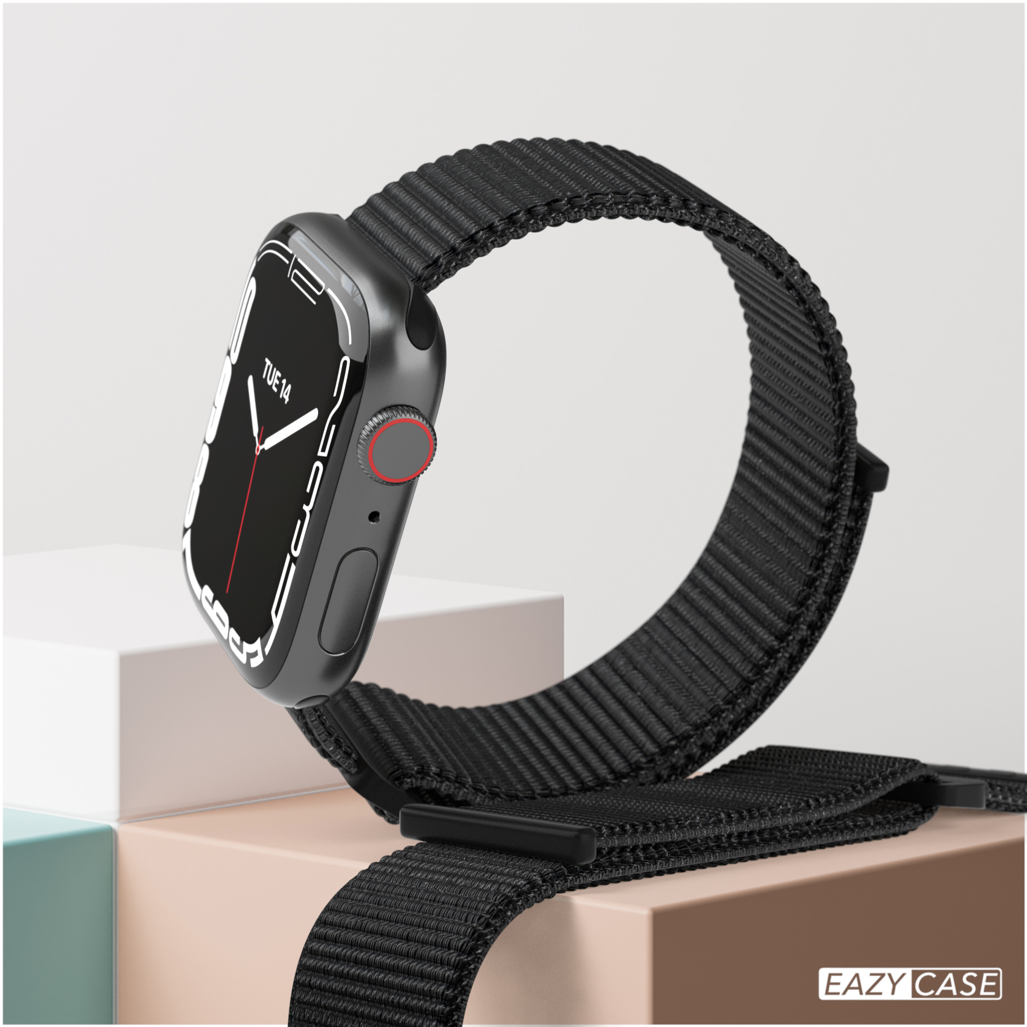 Eine schwarze Apple Watch mit einem schwarzen Armband.