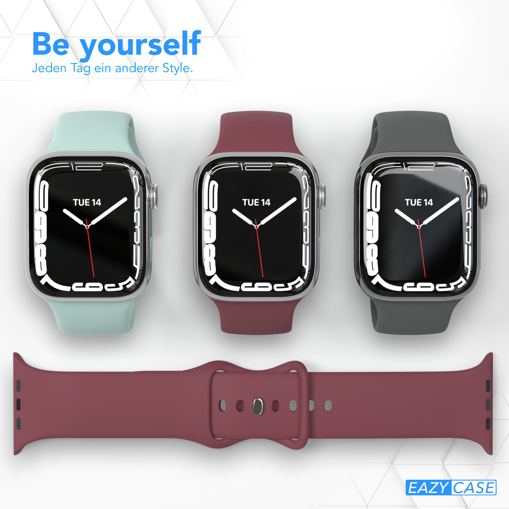 Drei Smartwatches mit verschiedenfarbigen Bändern und dem Datum Dienstag, 14.